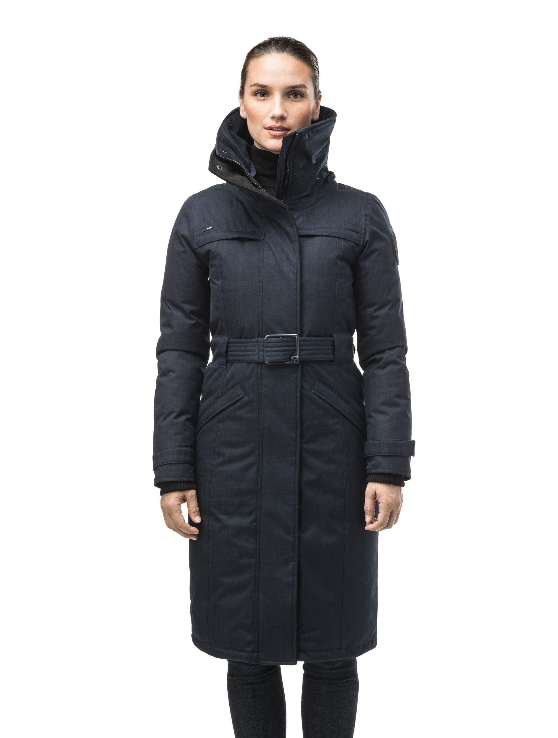 Women's knee length down filled parka with a belted waist and fully removable Coyote and Rex Rabbit fur ruffs in CH Navy