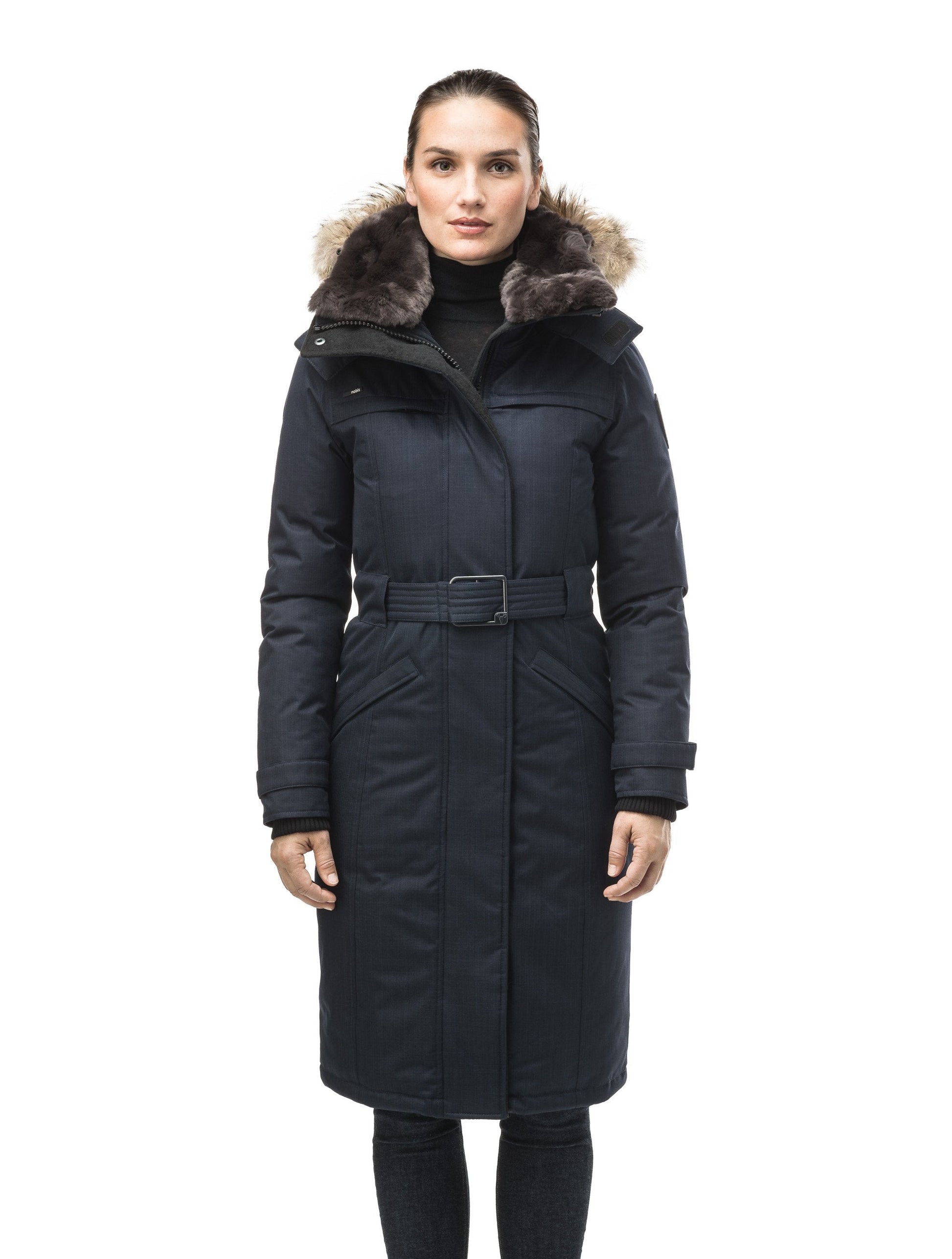 Women's knee length down filled parka with a belted waist and fully removable Coyote and Rex Rabbit fur ruffs in CH Navy