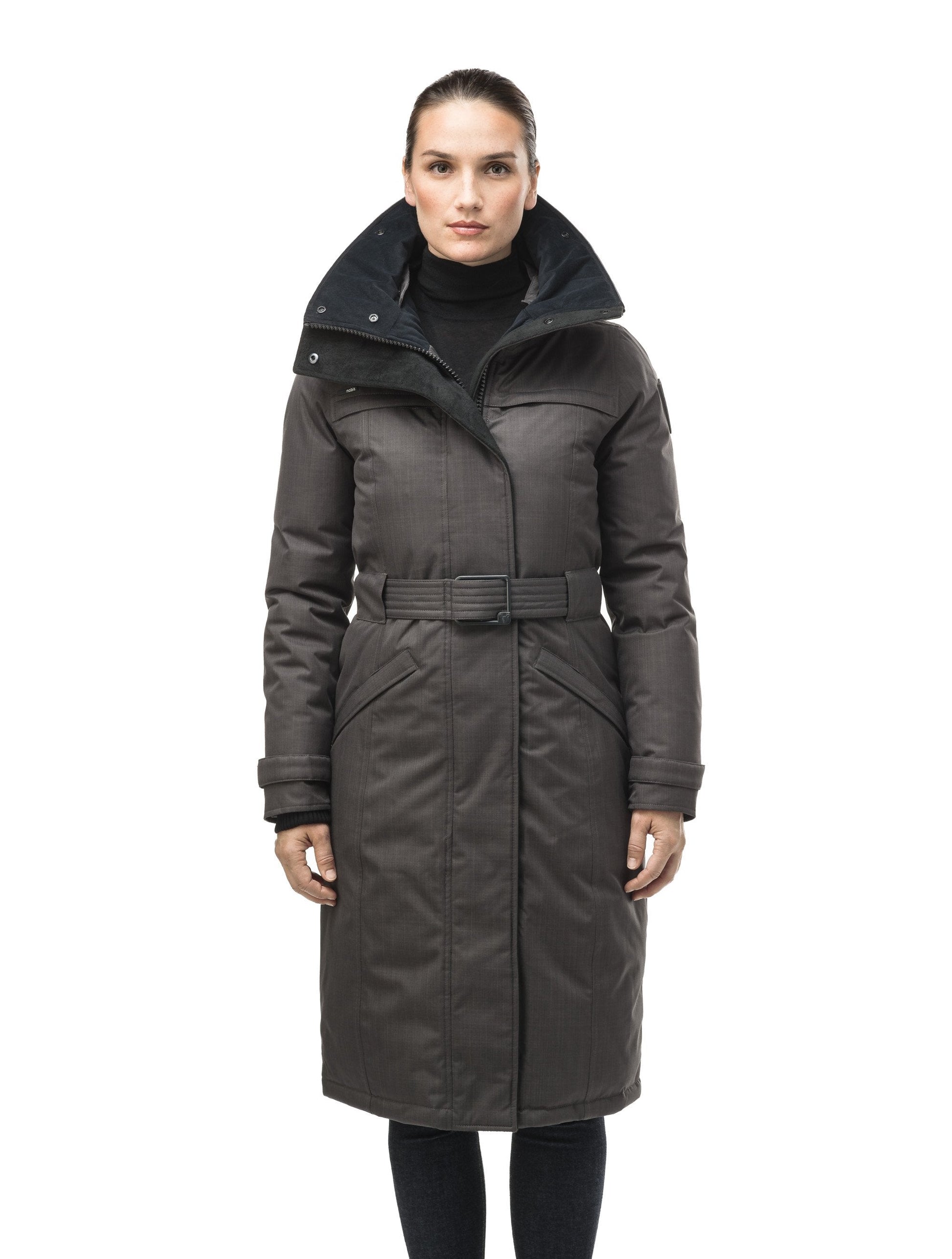 Women's knee length down filled parka with a belted waist and fully removable Coyote and Rex Rabbit fur ruffs in CH Steel Grey