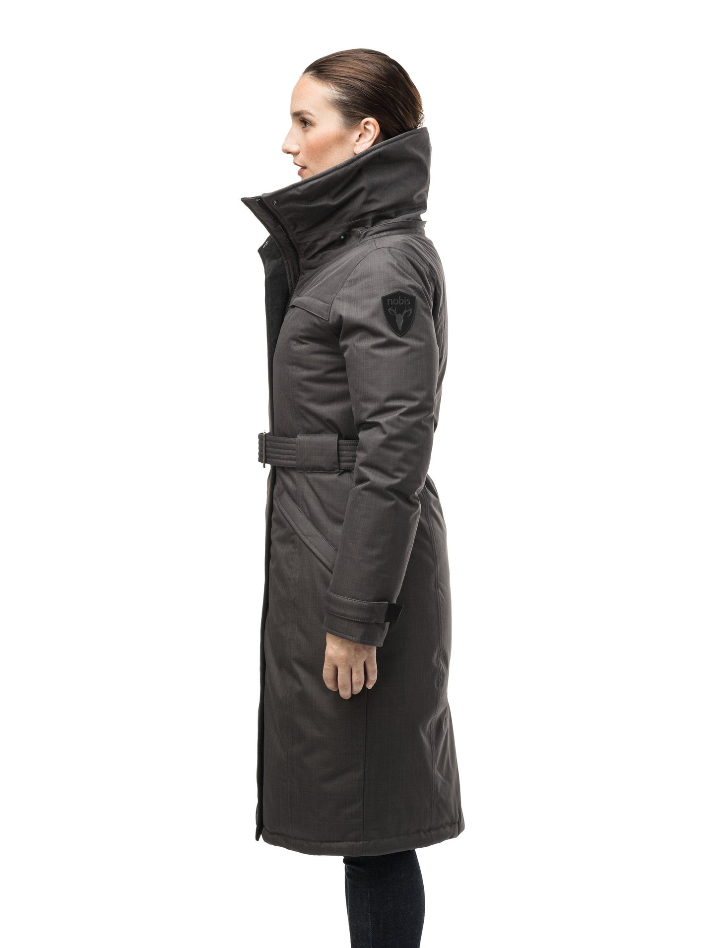 Women's knee length down filled parka with a belted waist and fully removable Coyote and Rex Rabbit fur ruffs in CH Steel Grey