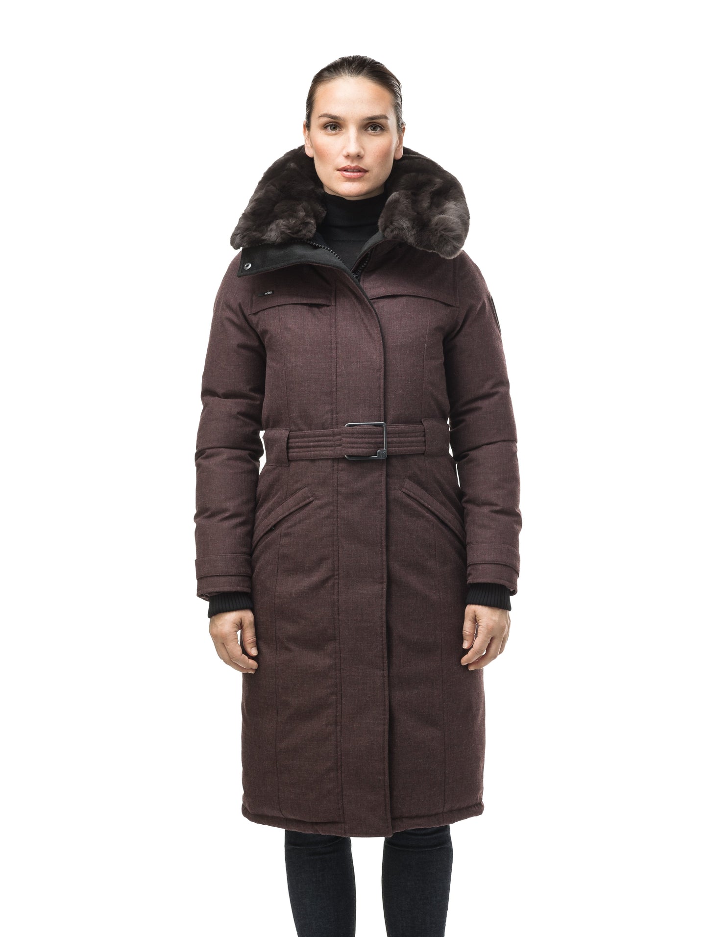 Women's knee length down filled parka with a belted waist and fully removable Coyote and Rex Rabbit fur ruffs in H. Burgundy