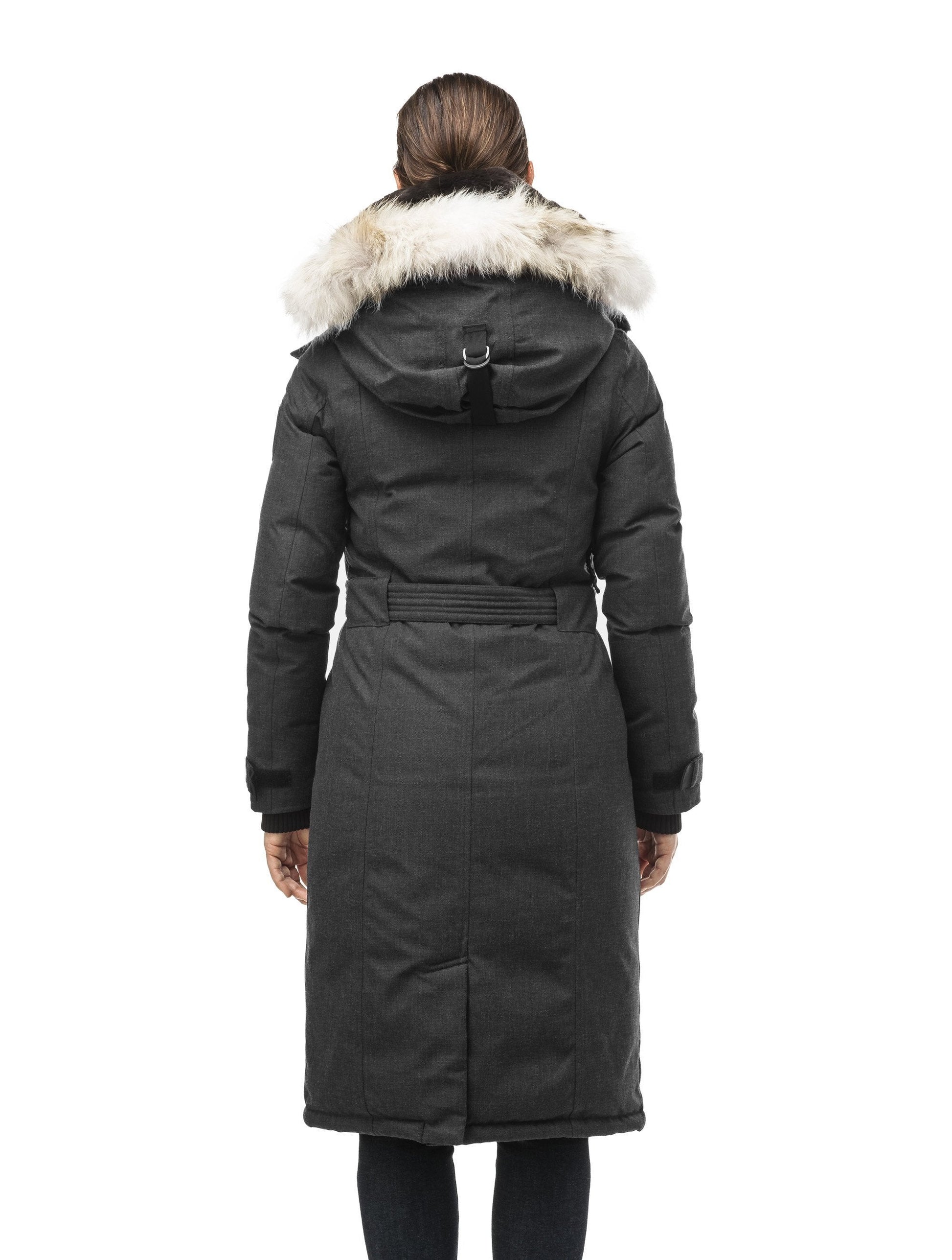 Women's knee length down filled parka with a belted waist and fully removable Coyote and Rex Rabbit fur ruffs in H. Black