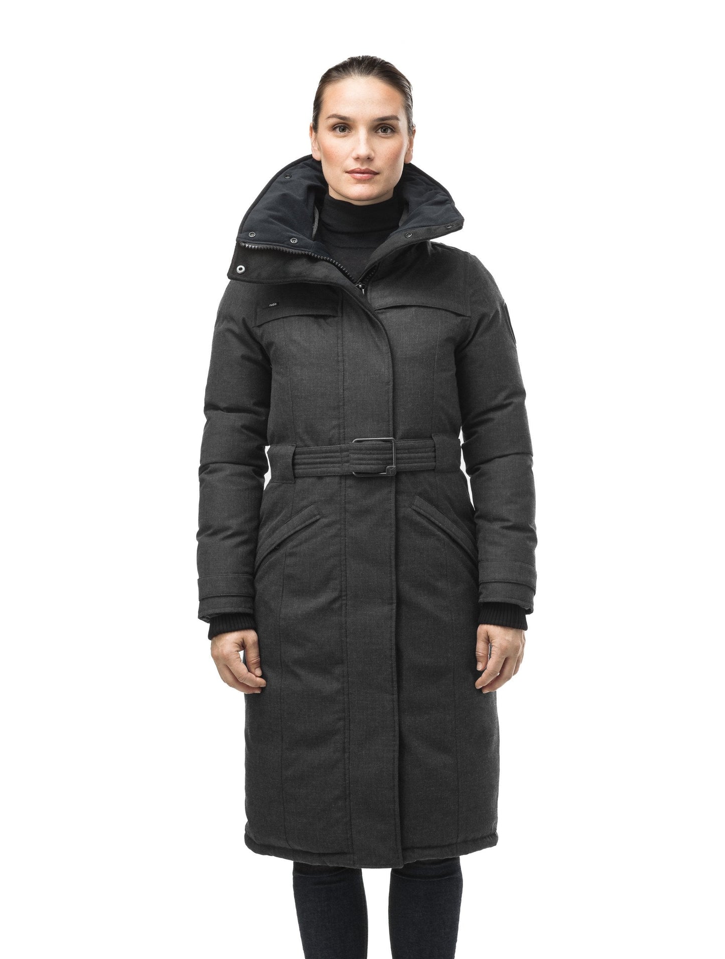 Women's knee length down filled parka with a belted waist and fully removable Coyote and Rex Rabbit fur ruffs in H. Black