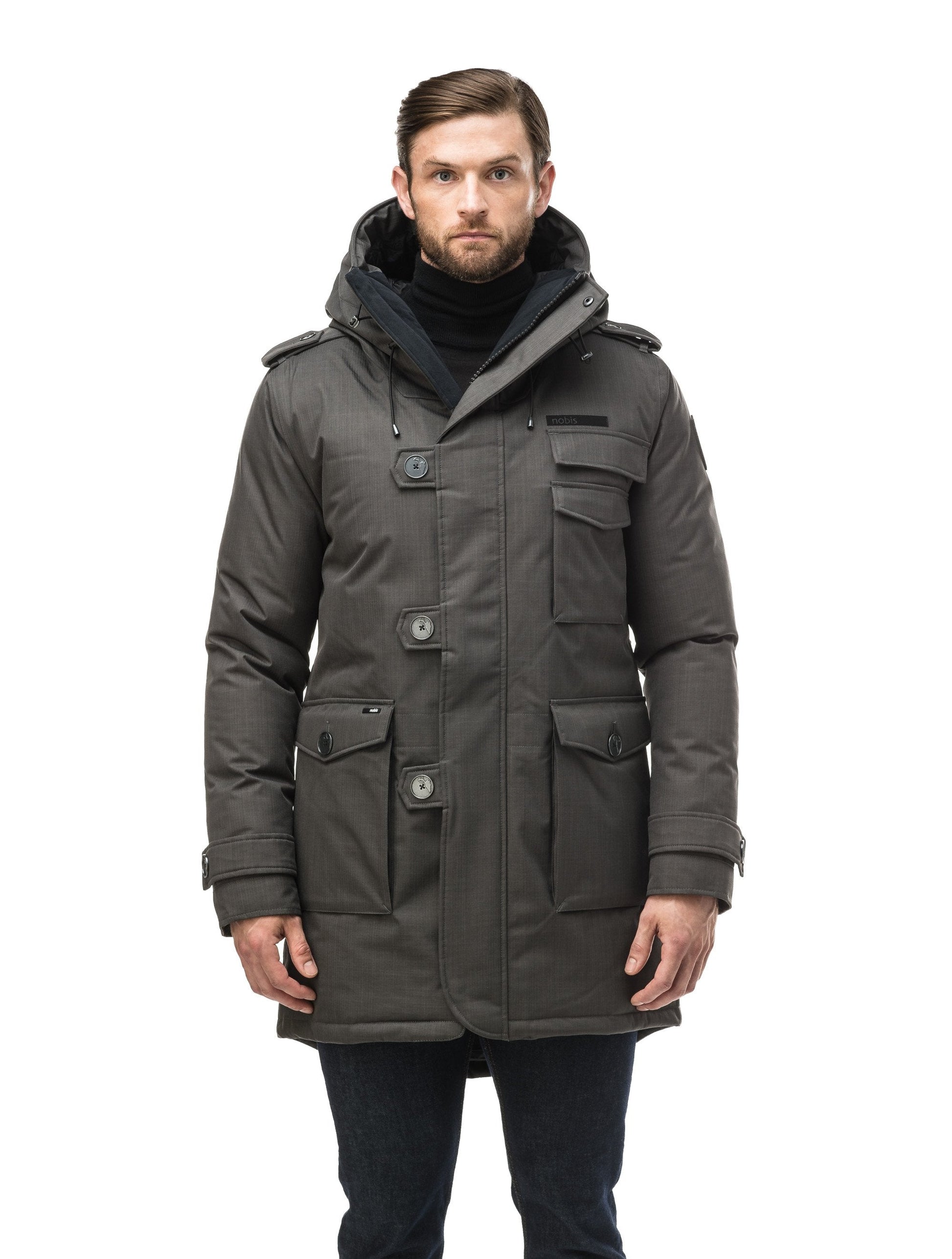 Men's down filled parka with faux button magnet closures and fur free hood with a fishtail hemline in Steel Grey