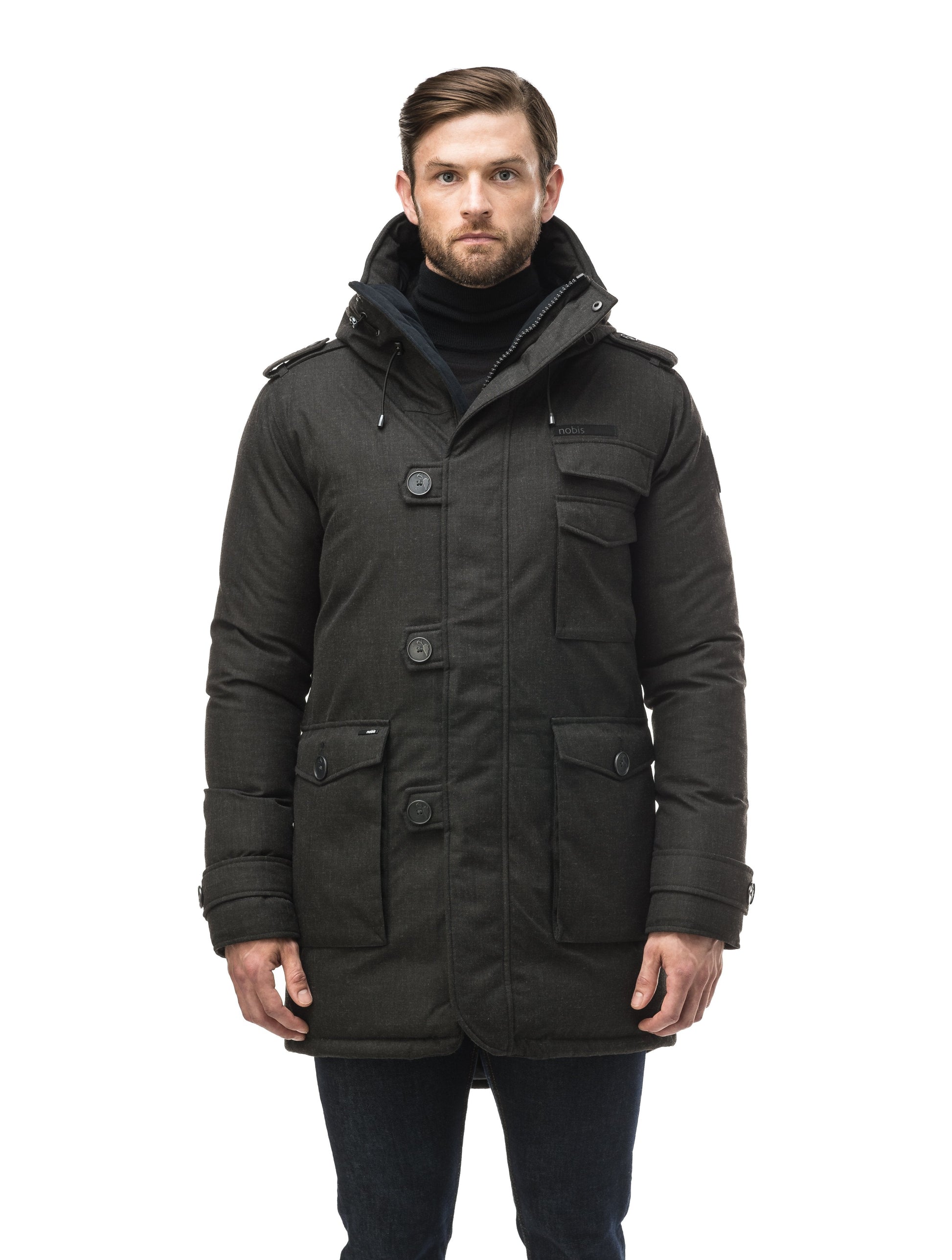 Men's down filled parka with faux button magnet closures and fur free hood with a fishtail hemline in H. Black