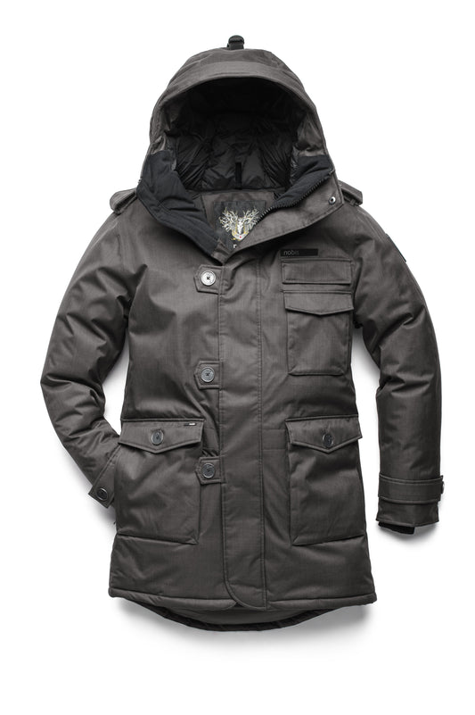 Men's down filled parka with faux button magnet closures and fur free hood with a fishtail hemline in Steel Grey + Steel Grey