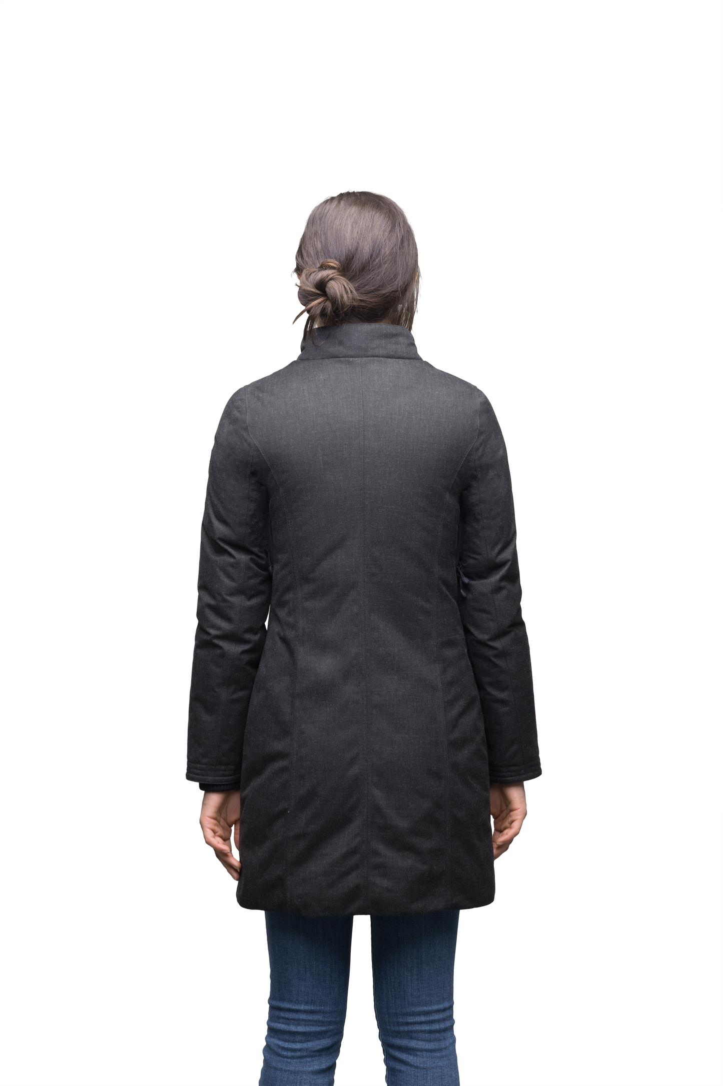 Ladies thigh length down-filled coat with removable fur collar in Black