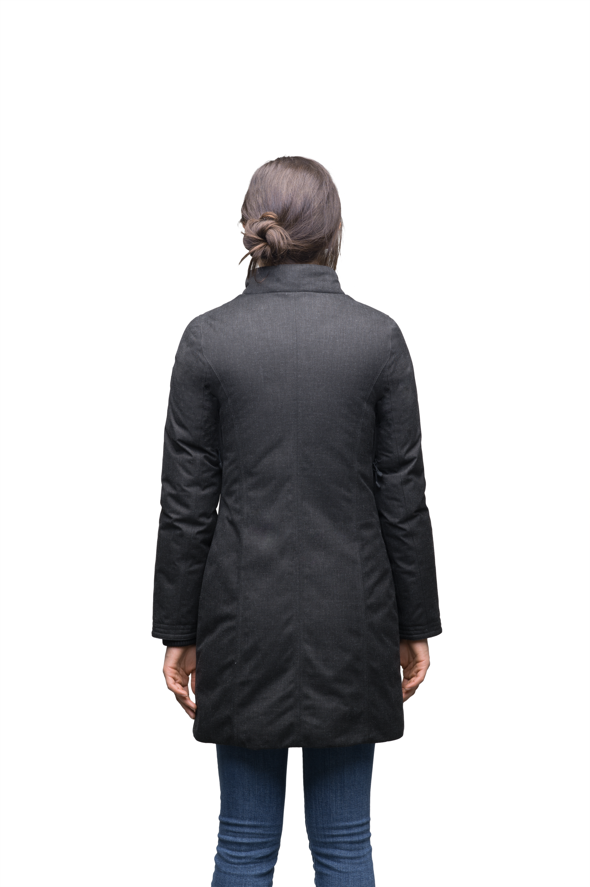 Ladies thigh length down-filled coat with removable fur collar in Black