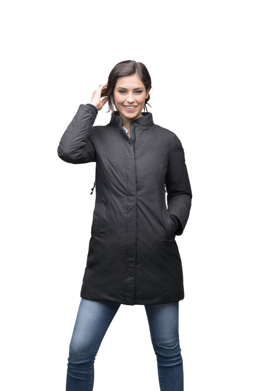 Ladies thigh length down-filled coat with removable fur collar in Black