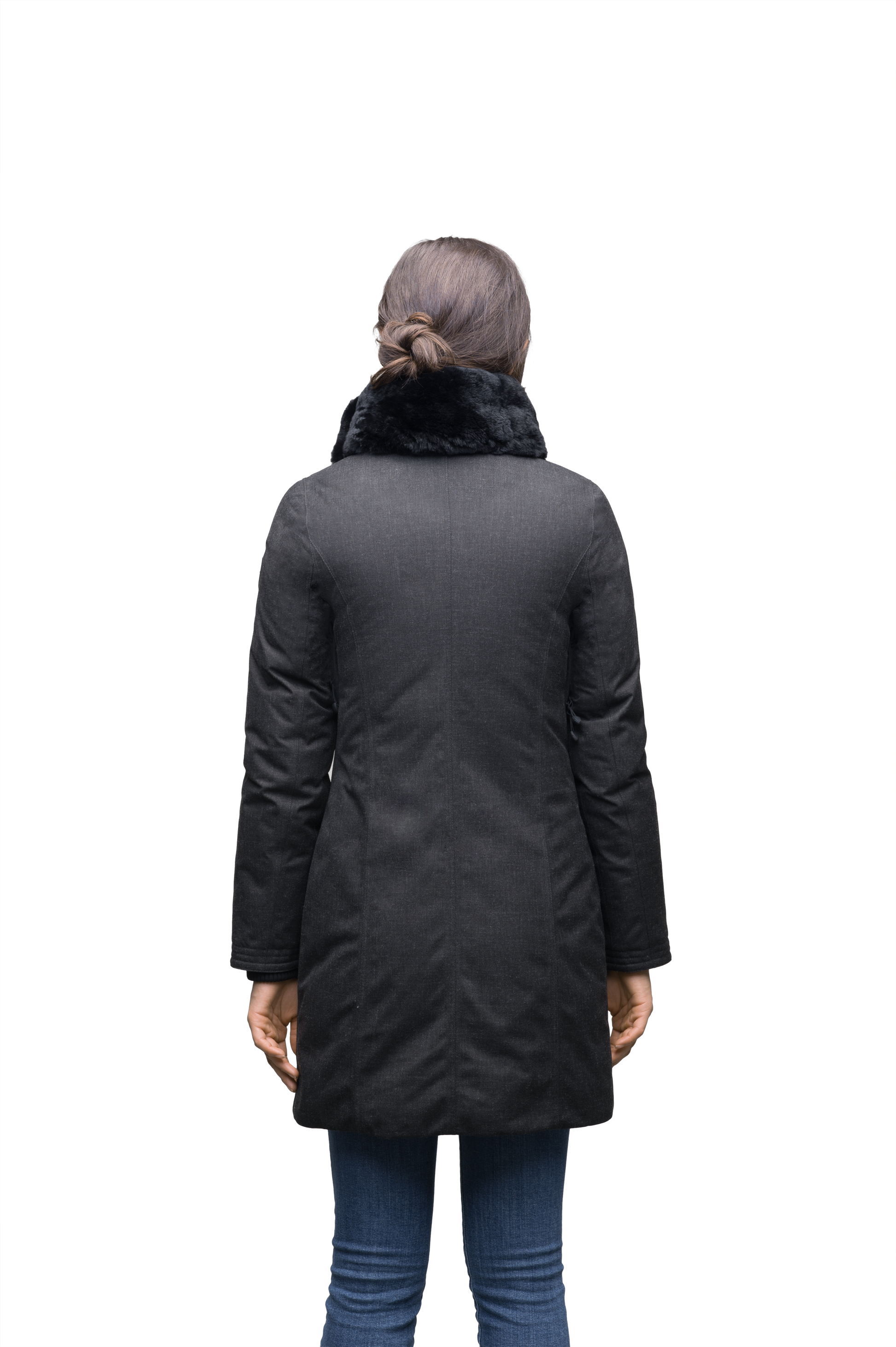 Ladies thigh length down-filled coat with removable fur collar in Black