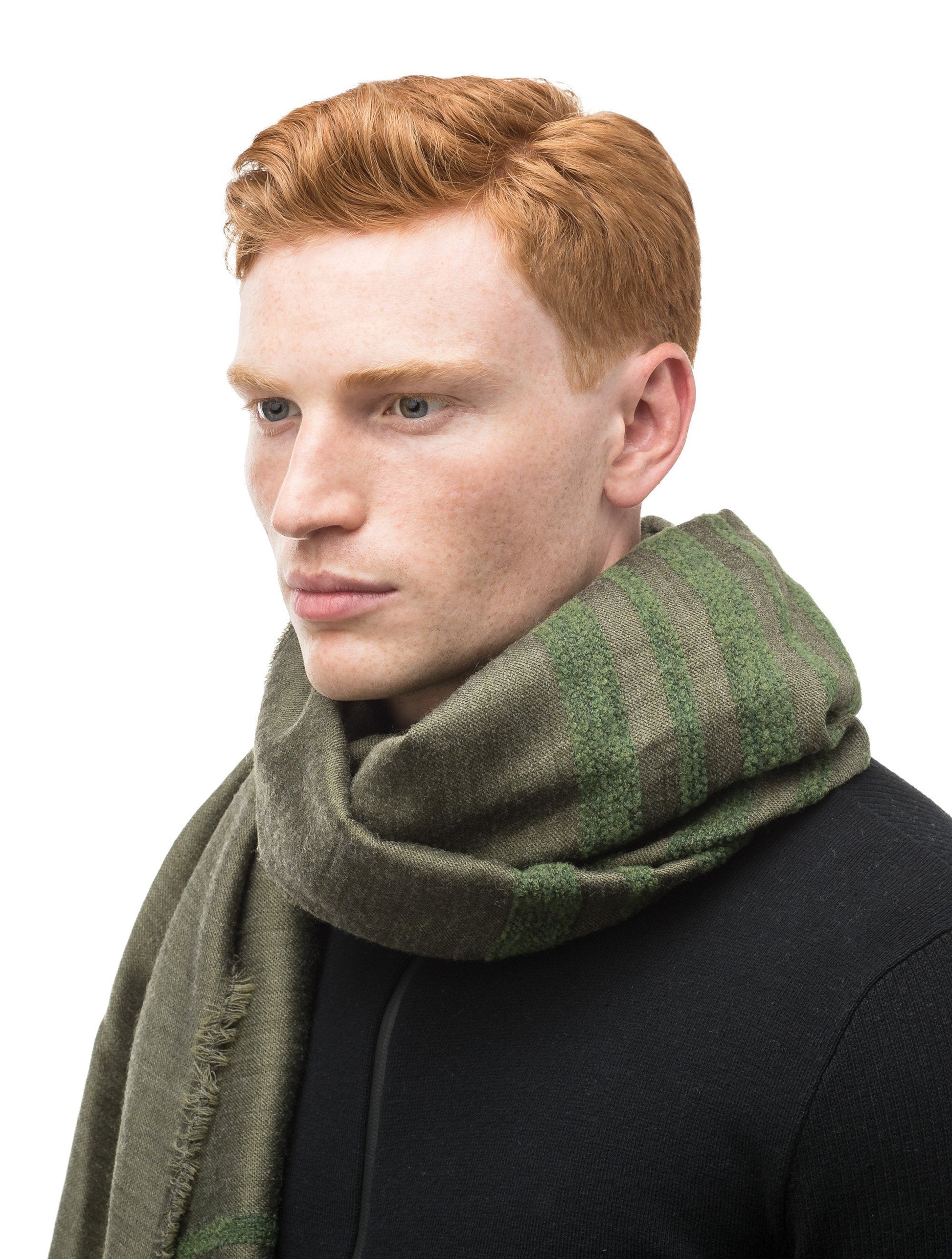 Woven scarf with contrasting chenille stripes and fringe finish on ends in Cypress