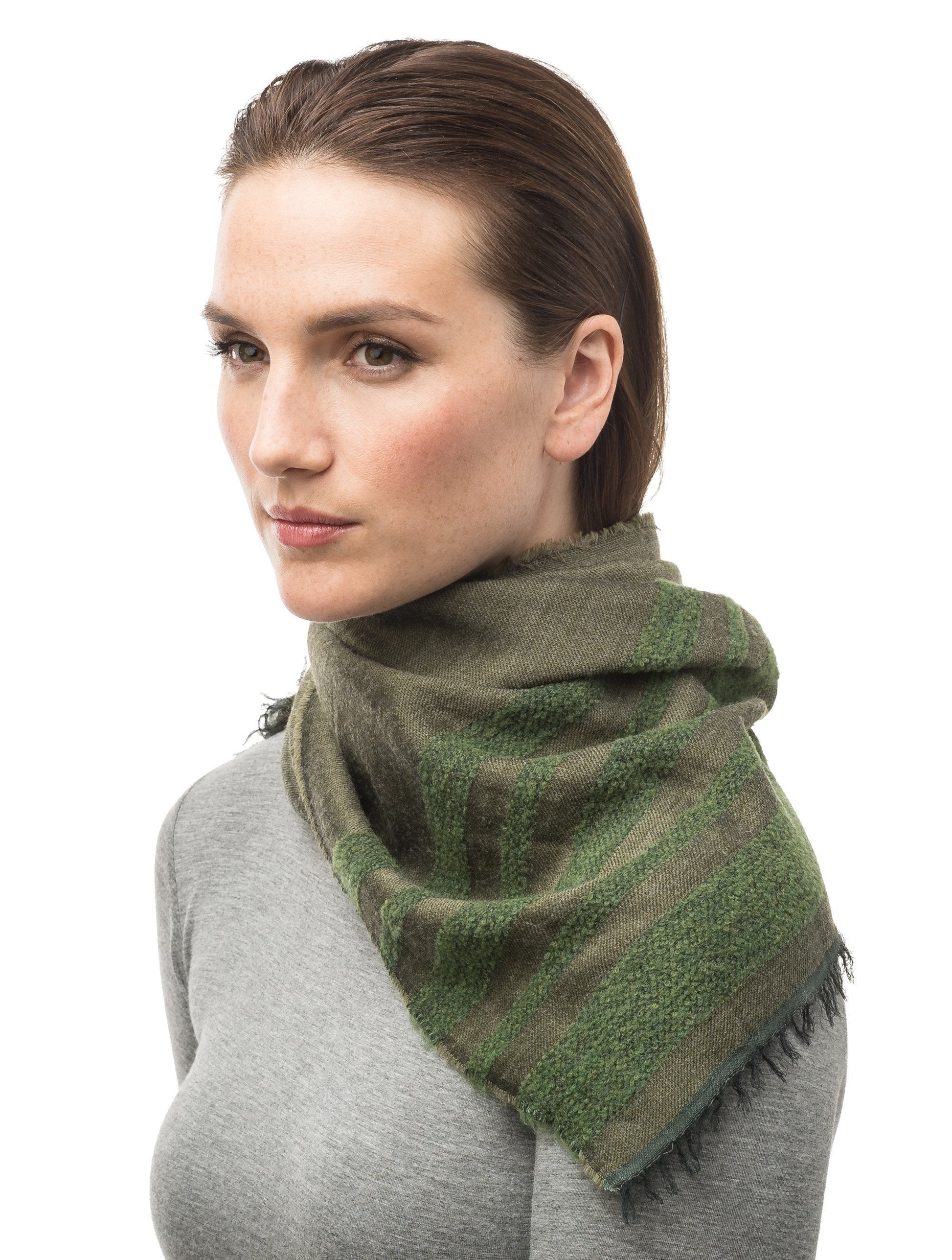 Woven scarf with contrasting chenille stripes and fringe finish on ends in Cypress