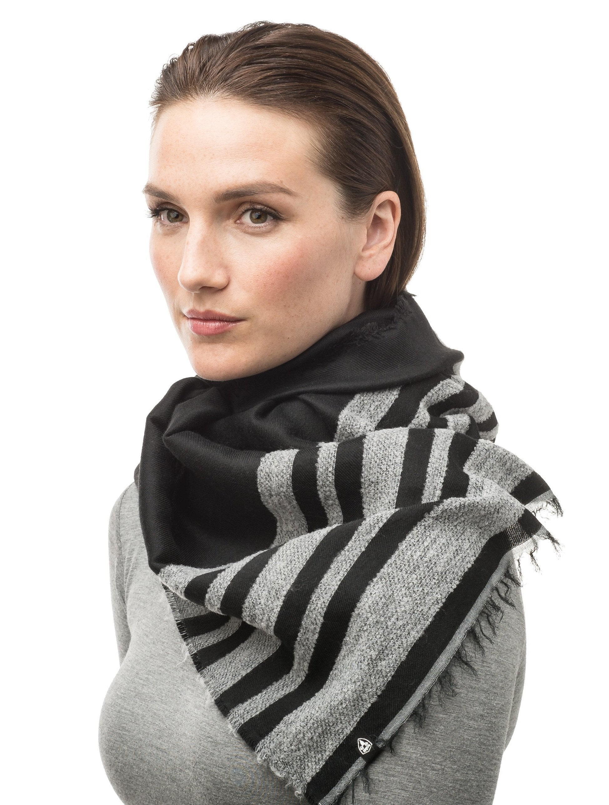 Woven scarf with contrasting chenille stripes and fringe finish on ends in Dk Grey