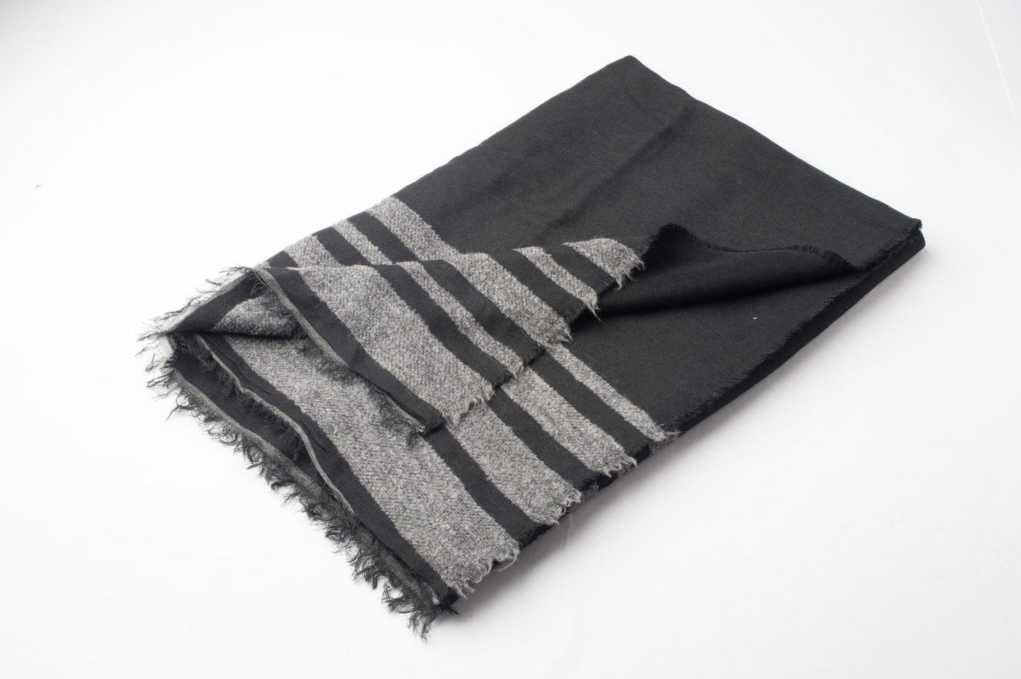 Woven scarf with contrasting chenille stripes and fringe finish on ends in Dk Grey