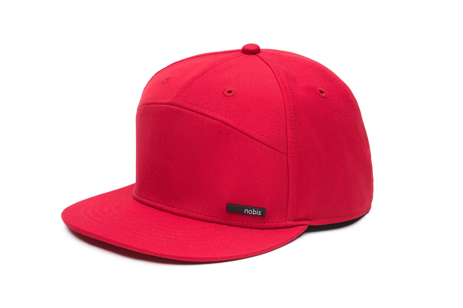 Unisex 7-panel snapback hat with flat brim and structured crown in Red