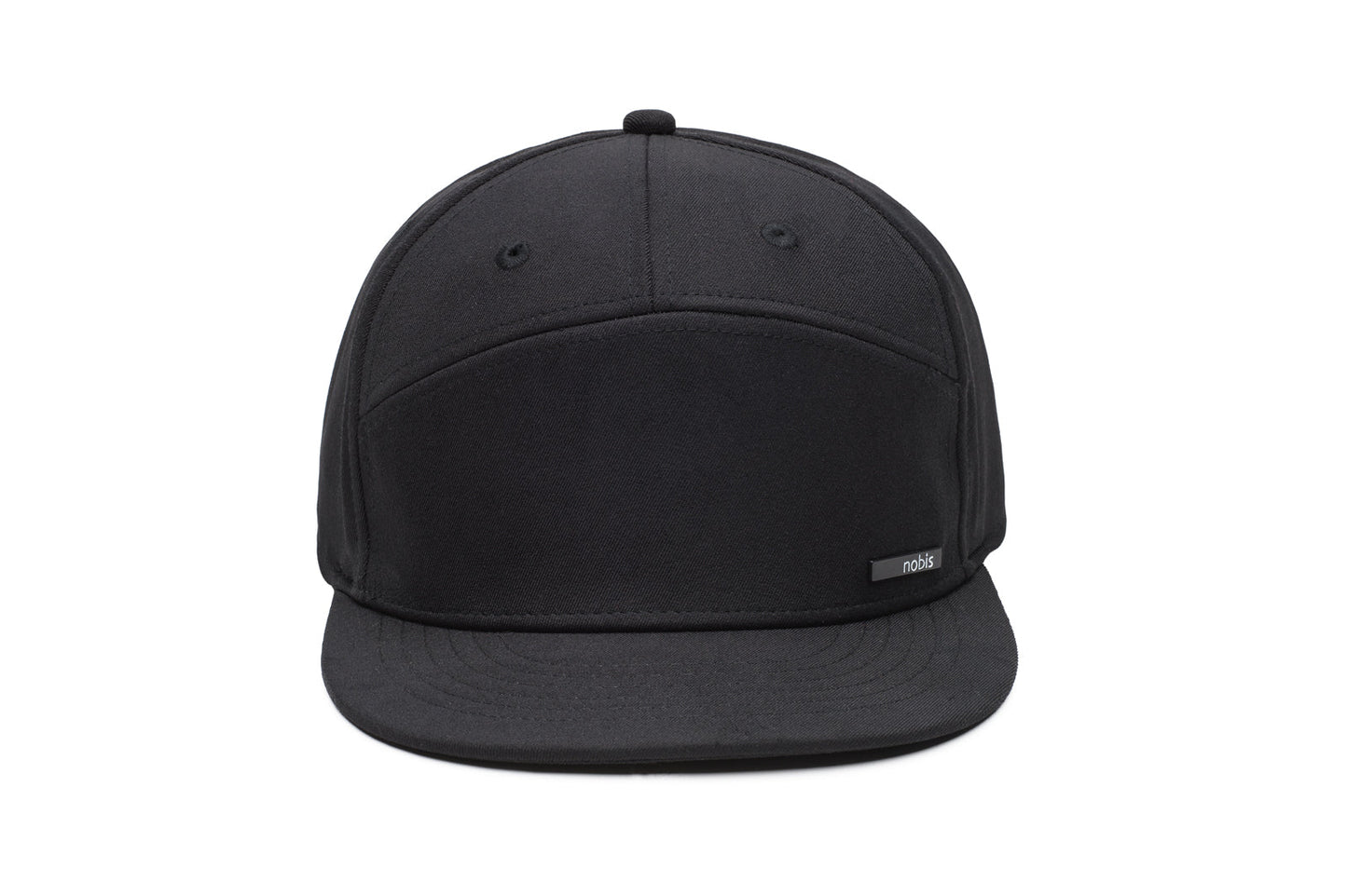 Unisex 7-panel snapback hat with flat brim and structured crown in Black