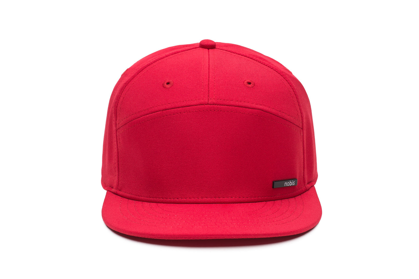 Unisex 7-panel snapback hat with flat brim and structured crown in Red