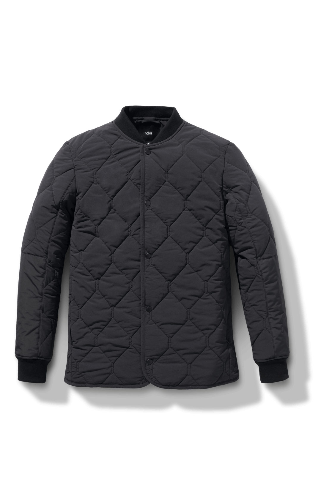 Speck Men's Tailored Mid Layer Jacket in hip length, Primaloft Gold Insulation Active+, diamond quilted body, rib knit collar and cuffs, snap buton front closure, and hidden side-entry zipper pockets at waist, in Black