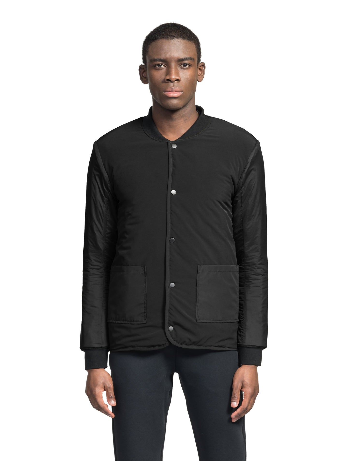 Speck Men's Tailored Mid Layer Jacket in hip length, Primaloft Gold Insulation Active+, diamond quilted body, rib knit collar and cuffs, snap buton front closure, and hidden side-entry zipper pockets at waist, in Black