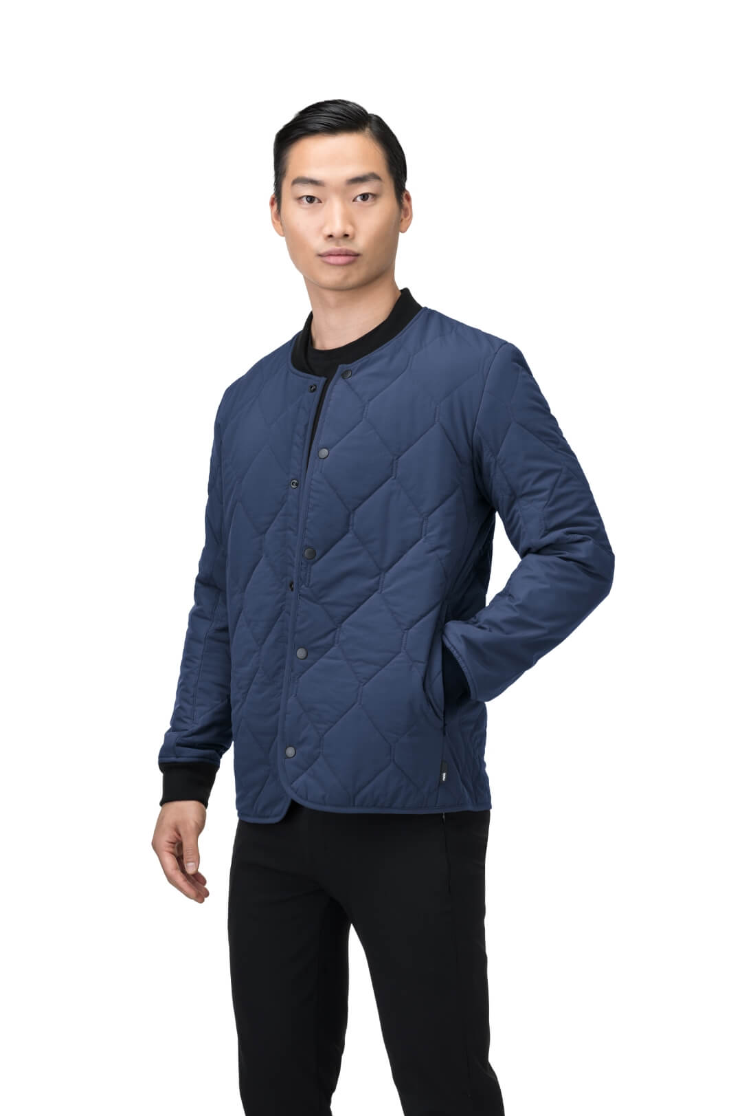 Speck Men's Tailored Mid Layer Jacket in hip length, Primaloft Gold Insulation Active+, diamond quilted body, rib knit collar and cuffs, snap buton front closure, and hidden side-entry zipper pockets at waist, in Blueprint