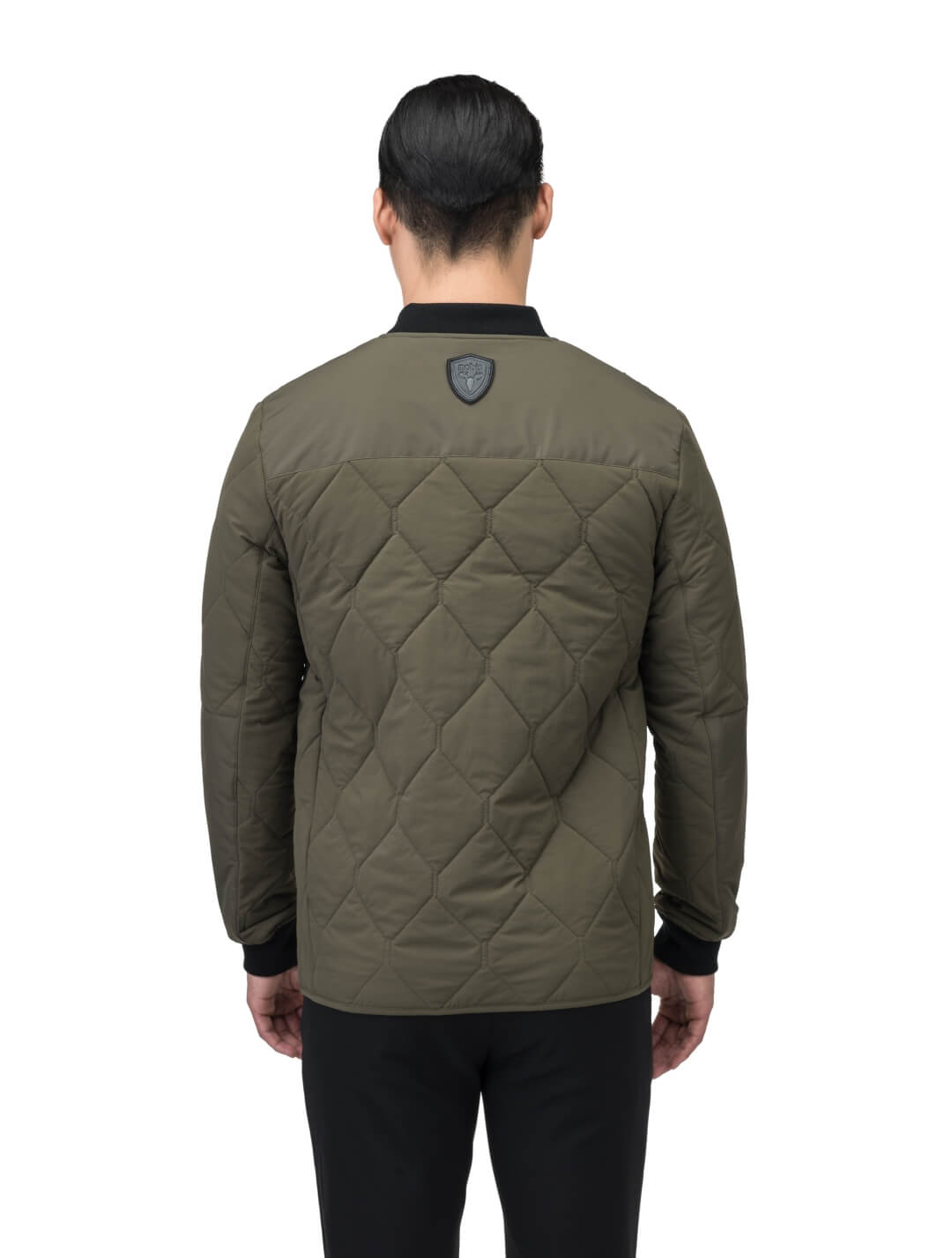 Speck Men's Tailored Mid Layer Jacket in hip length, Primaloft Gold Insulation Active+, diamond quilted body, rib knit collar and cuffs, snap buton front closure, and hidden side-entry zipper pockets at waist, in Fatigue