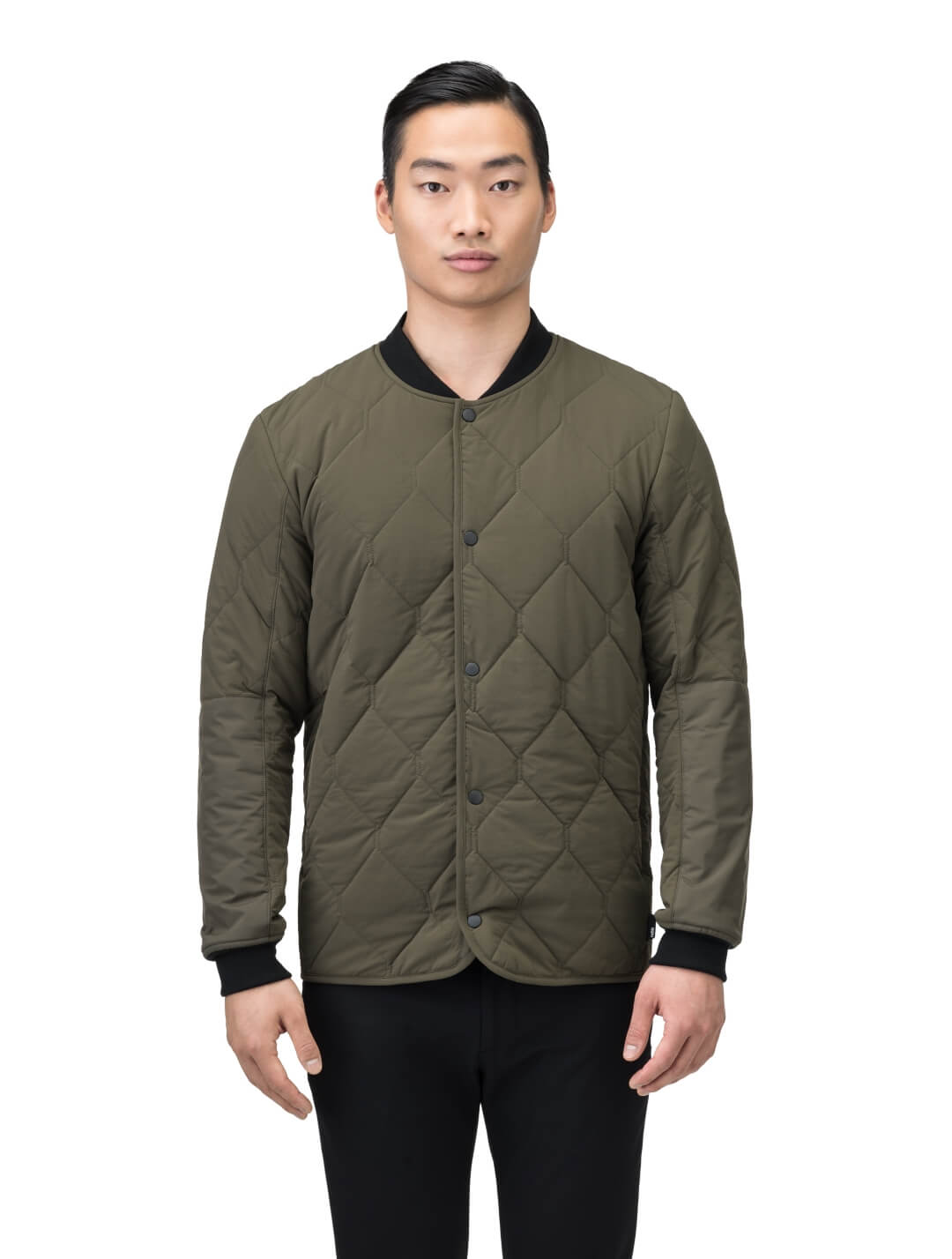 Speck Men's Tailored Mid Layer Jacket in hip length, Primaloft Gold Insulation Active+, diamond quilted body, rib knit collar and cuffs, snap buton front closure, and hidden side-entry zipper pockets at waist, in Fatigue