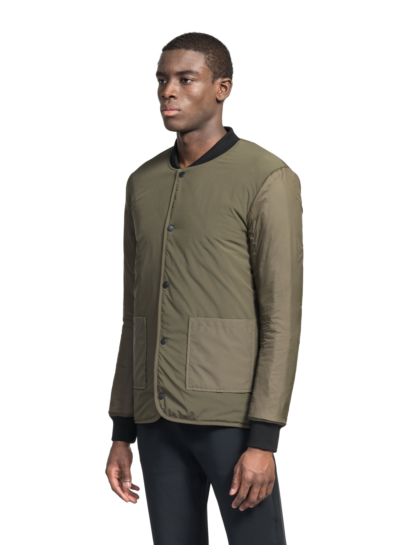 Speck Men's Tailored Mid Layer Jacket in hip length, Primaloft Gold Insulation Active+, diamond quilted body, rib knit collar and cuffs, snap buton front closure, and hidden side-entry zipper pockets at waist, in Fatigue