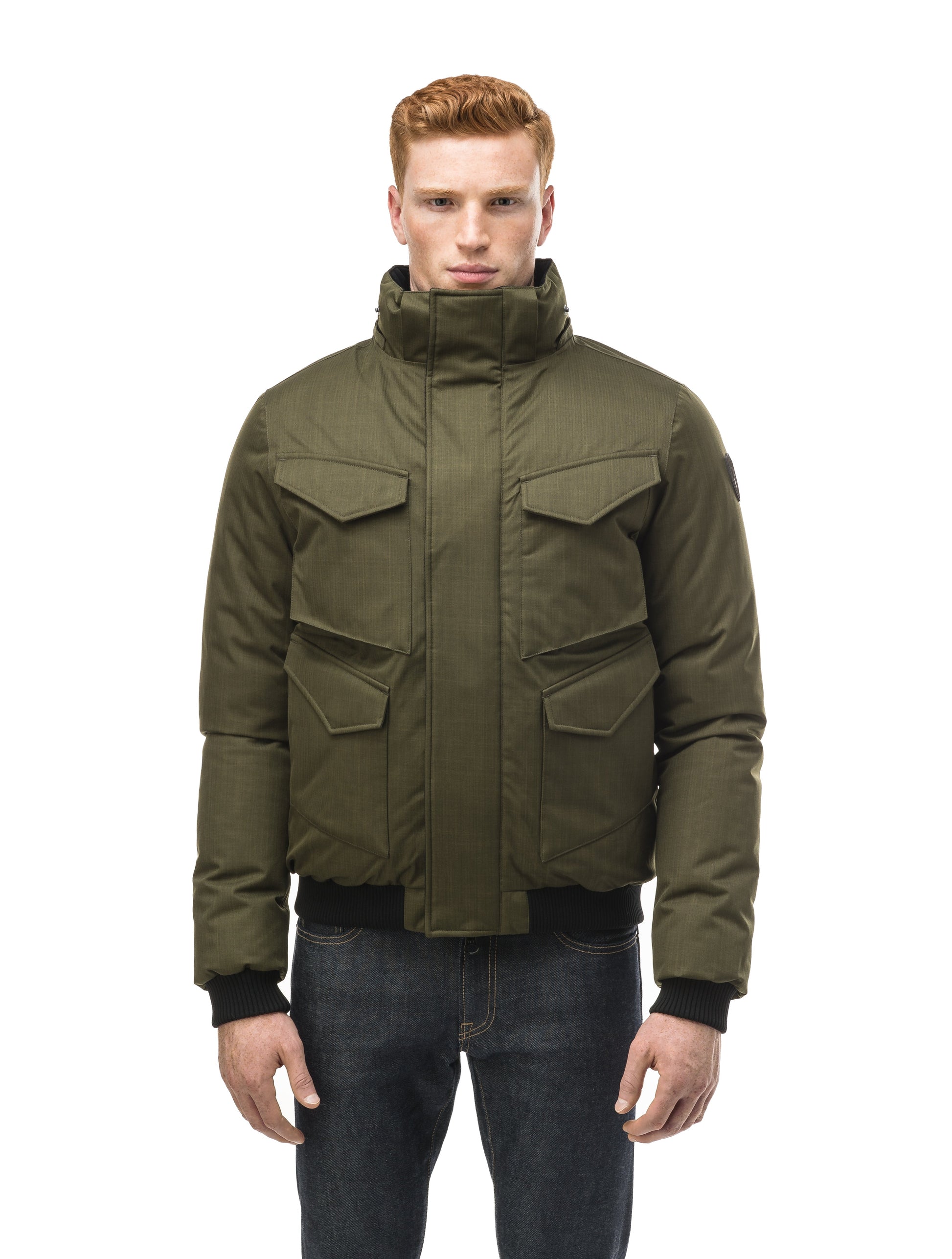 Men's sleek down filled bomber jacket with clean details and a fur free hood in CH Fatigue