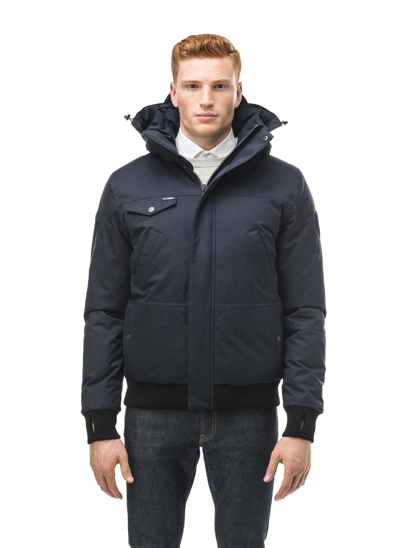 Men's sleek down filled bomber jacket with clean details and a fur free hood in CH Navy