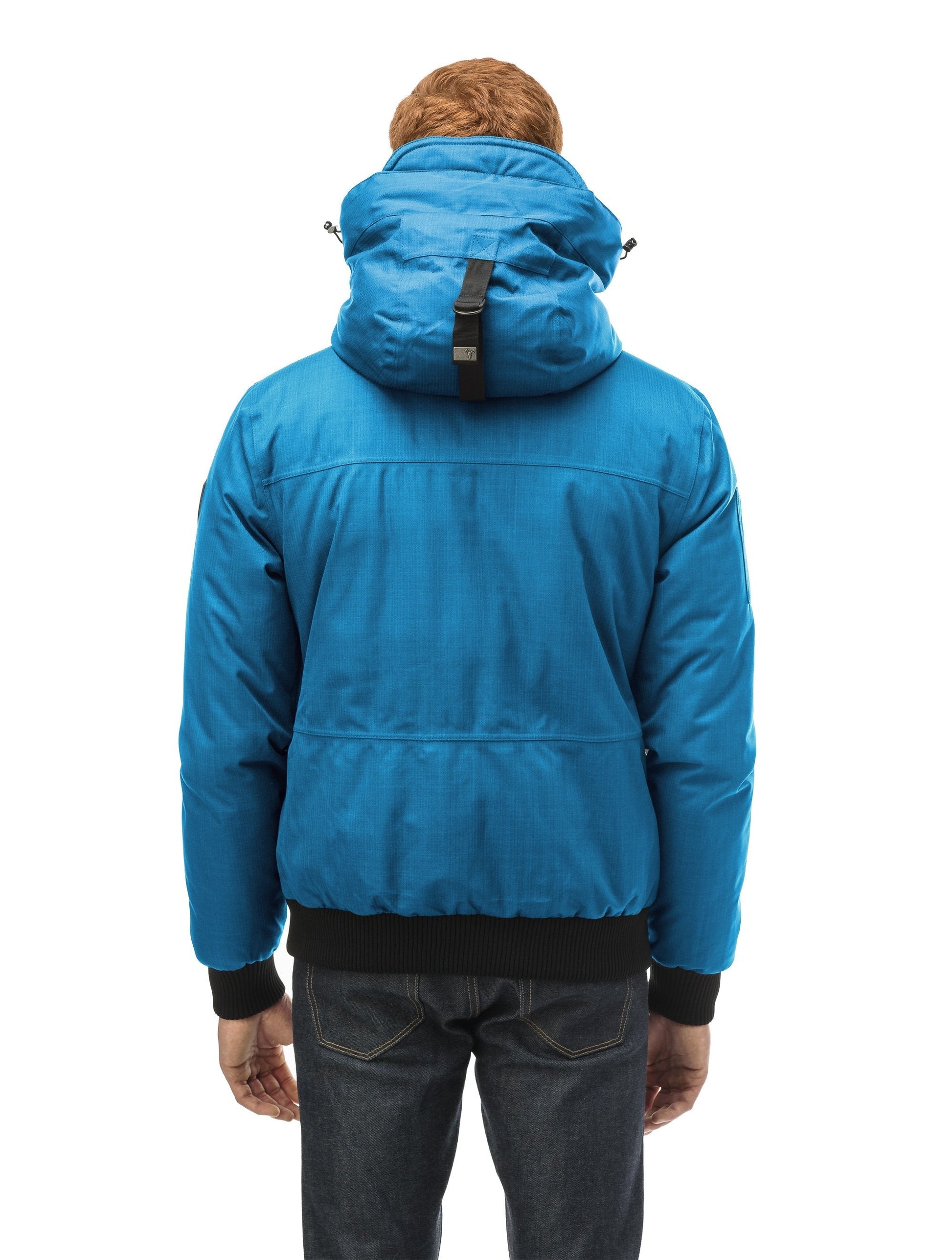 Men's sleek down filled bomber jacket with clean details and a fur free hood in Sea Blue