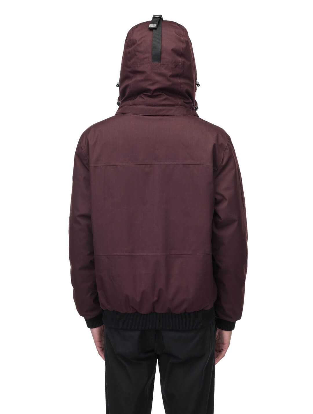 Men's sleek down filled bomber jacket with clean details and a fur free hood in Merlot