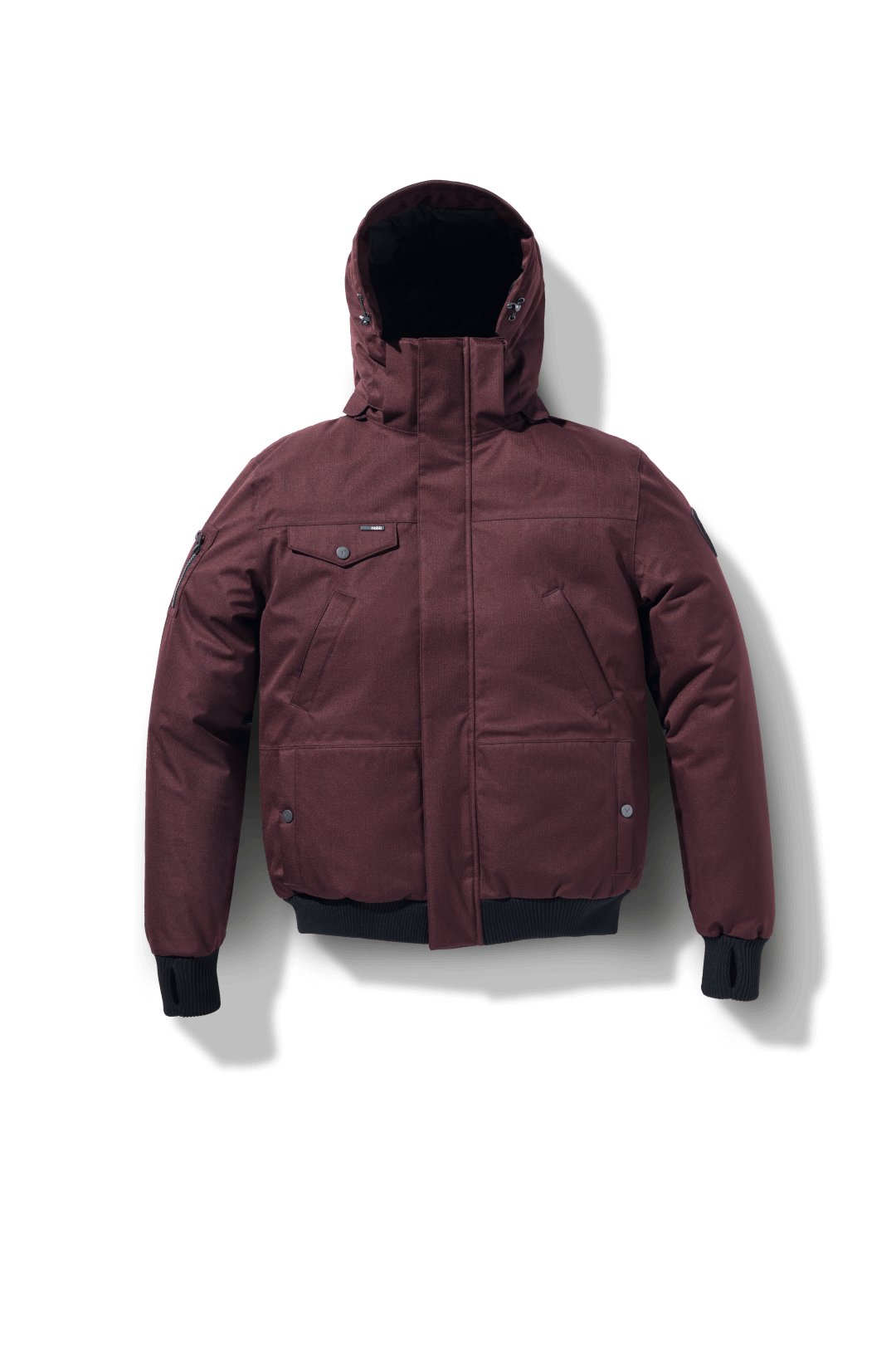 Men's sleek down filled bomber jacket with clean details and a fur free hood in Merlot