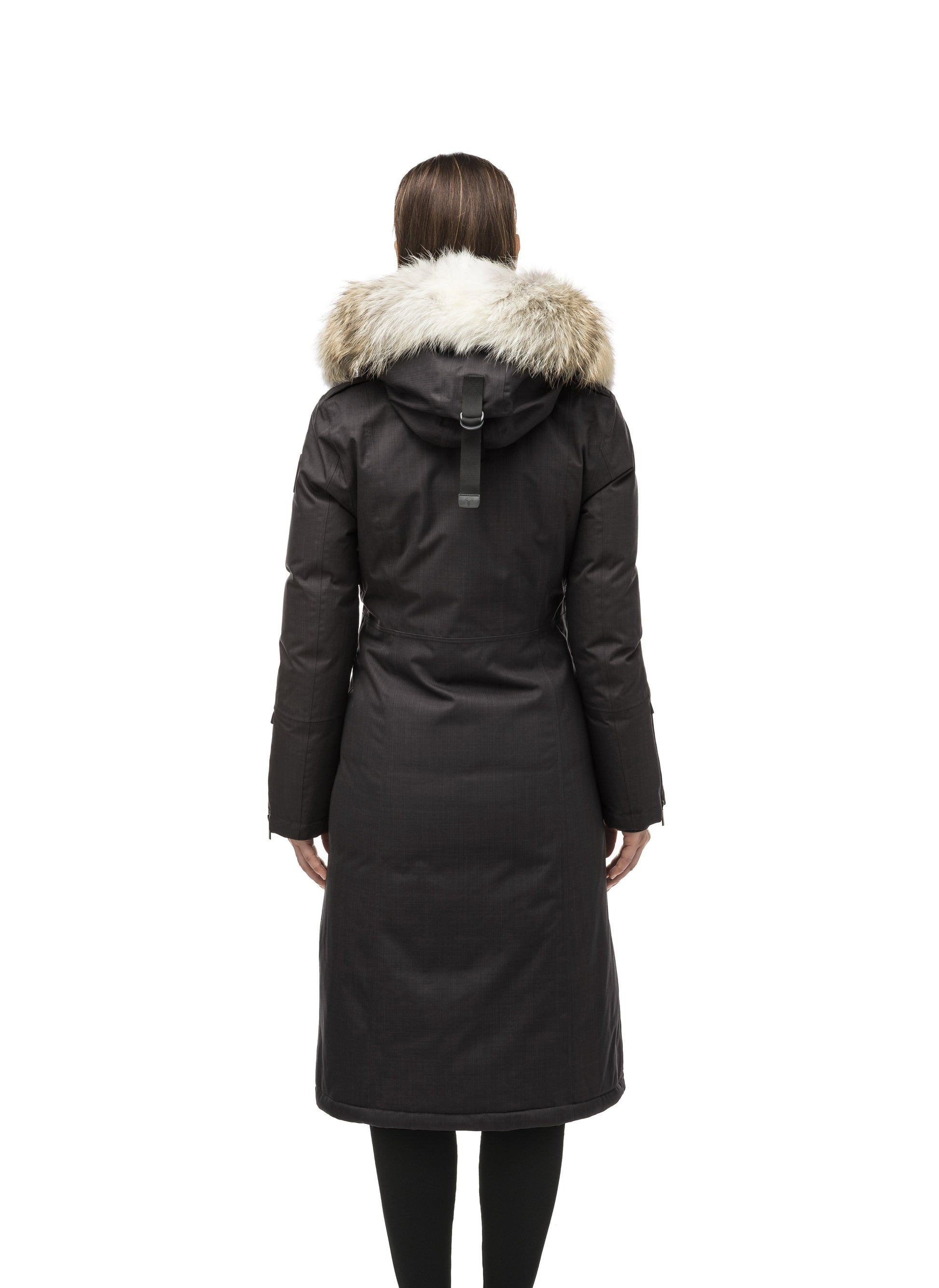 Long calf length women's trench inspired parka with removable fur trim around the hood and an asymetric closure in Black