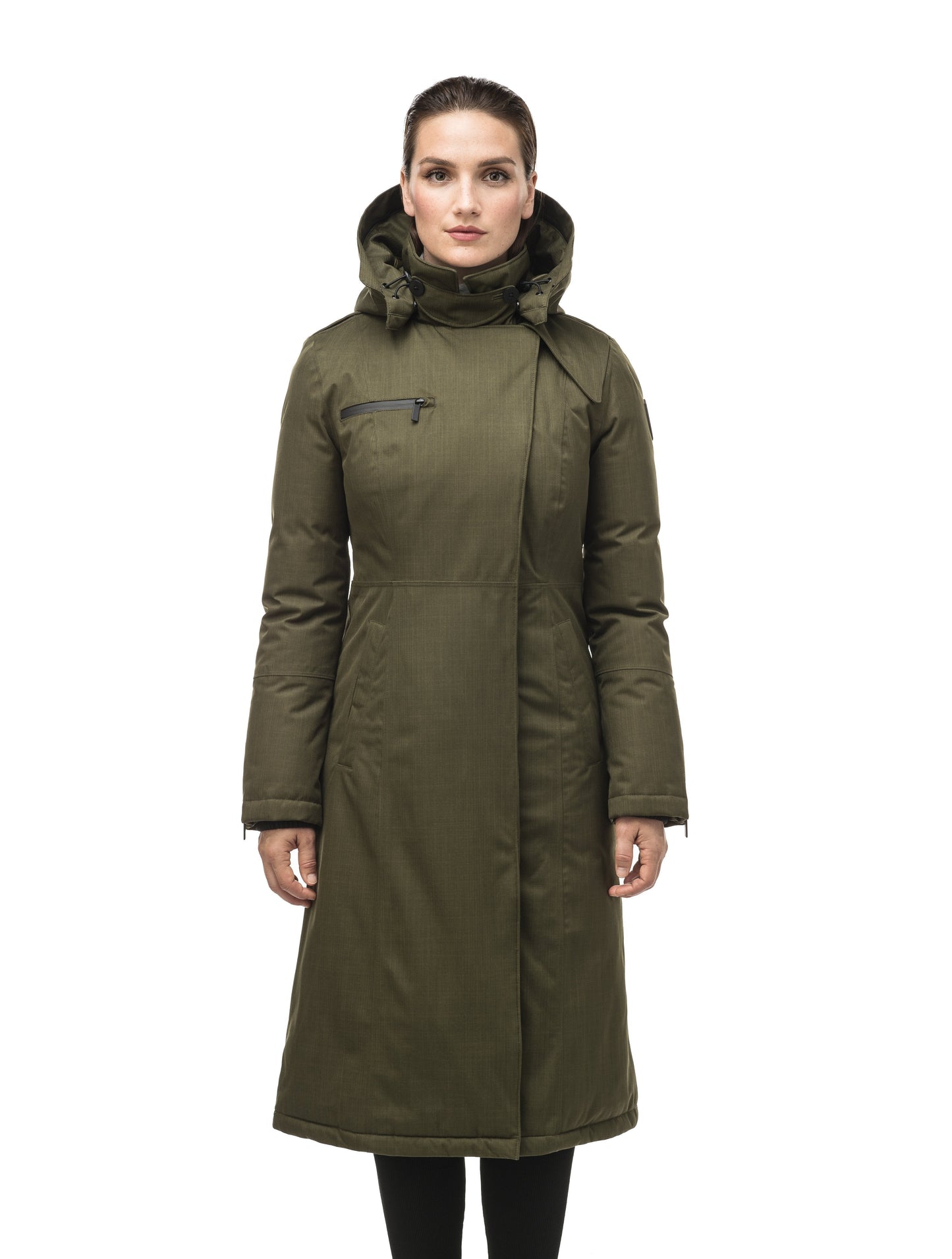 Long calf length women's trench inspired parka with removable fur trim around the hood and an asymetric closure in Fatigue