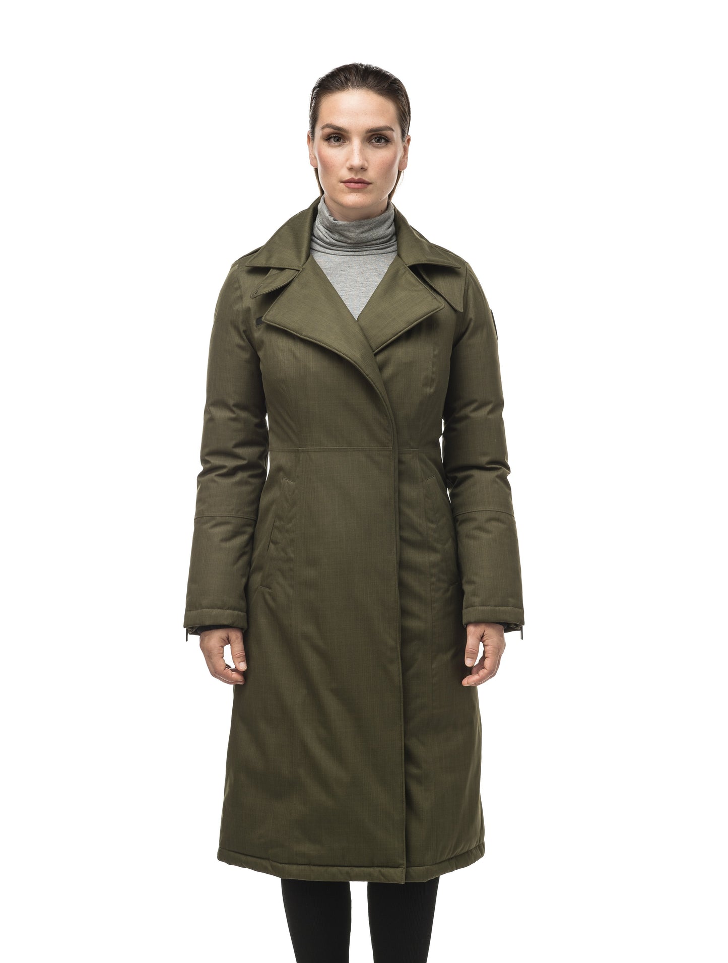 Long calf length women's trench inspired parka with removable fur trim around the hood and an asymetric closure in Fatigue