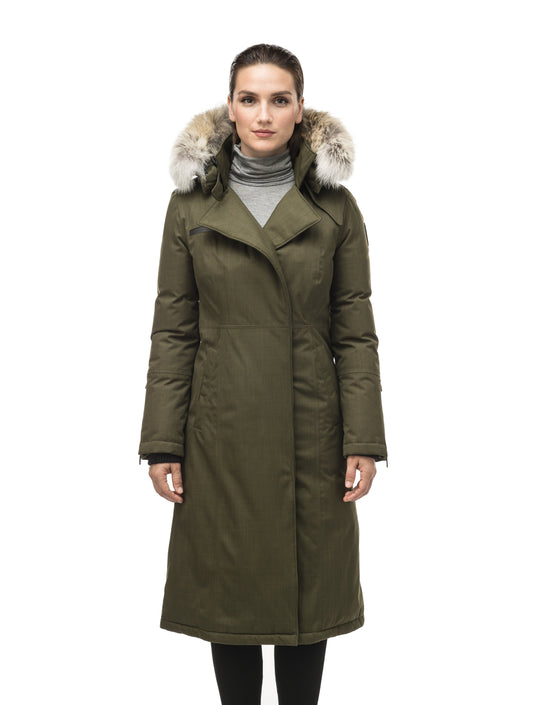 Long calf length women's trench inspired parka with removable fur trim around the hood and an asymetric closure in Fatigue