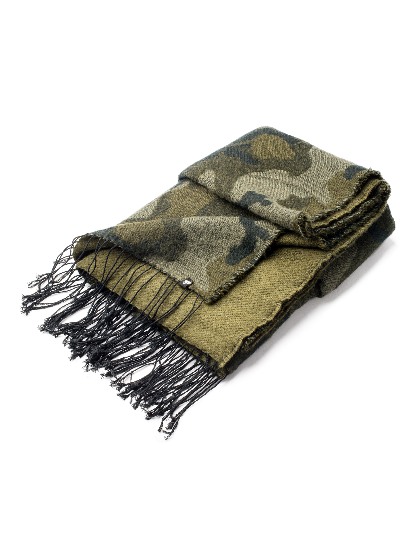 Oversized Camo print acrylic scarf with fringe trim 