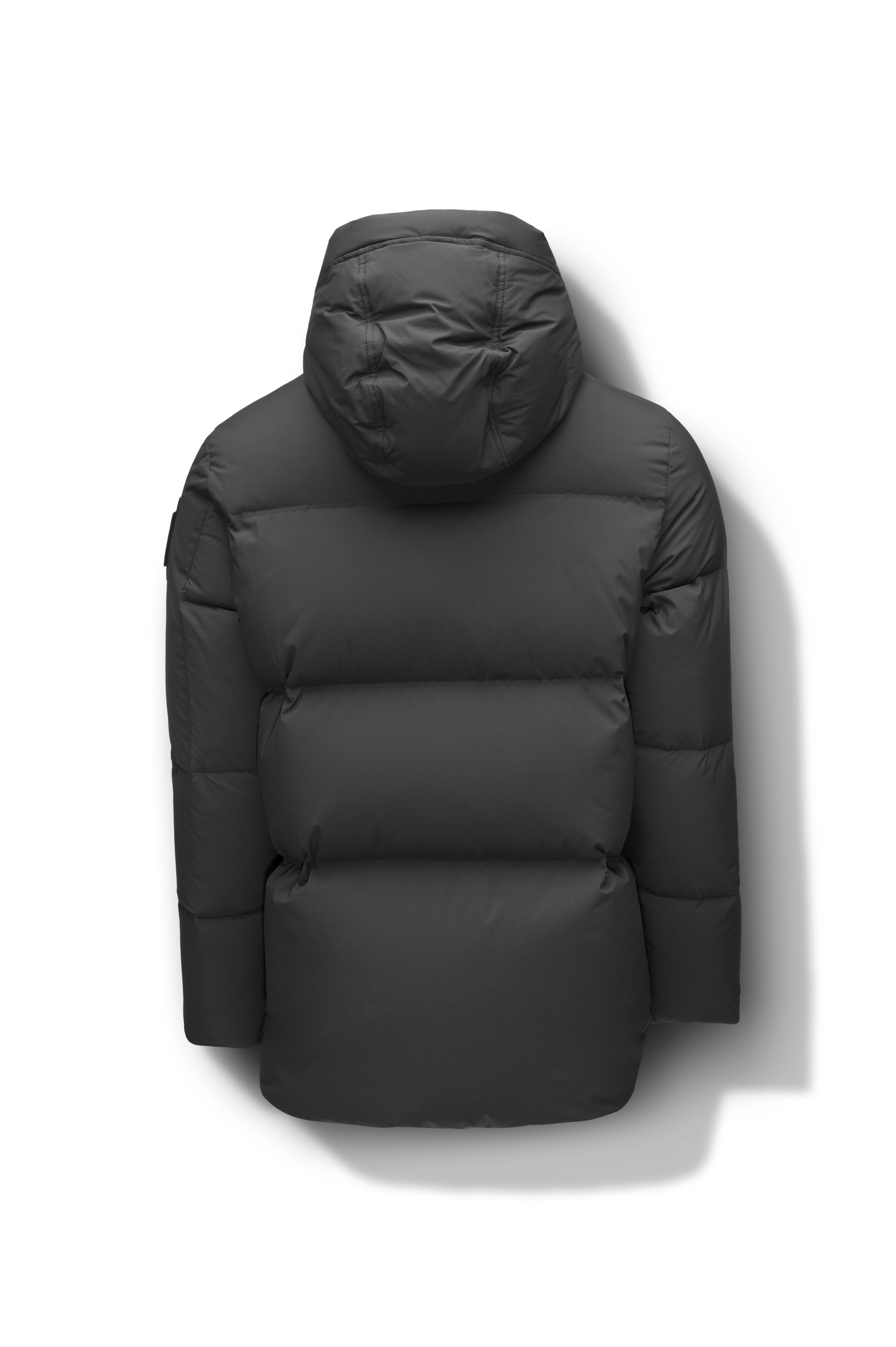 Supra Men's Performance Puffer in hip length, Technical Taffeta and 3-Ply Micro Denier fabrication, Premium Canadian White Duck Down insulation, non-removable down filled hood, centre front two-way zipper, flap pockets at waist, and zipper pocket at left bicep, in Black