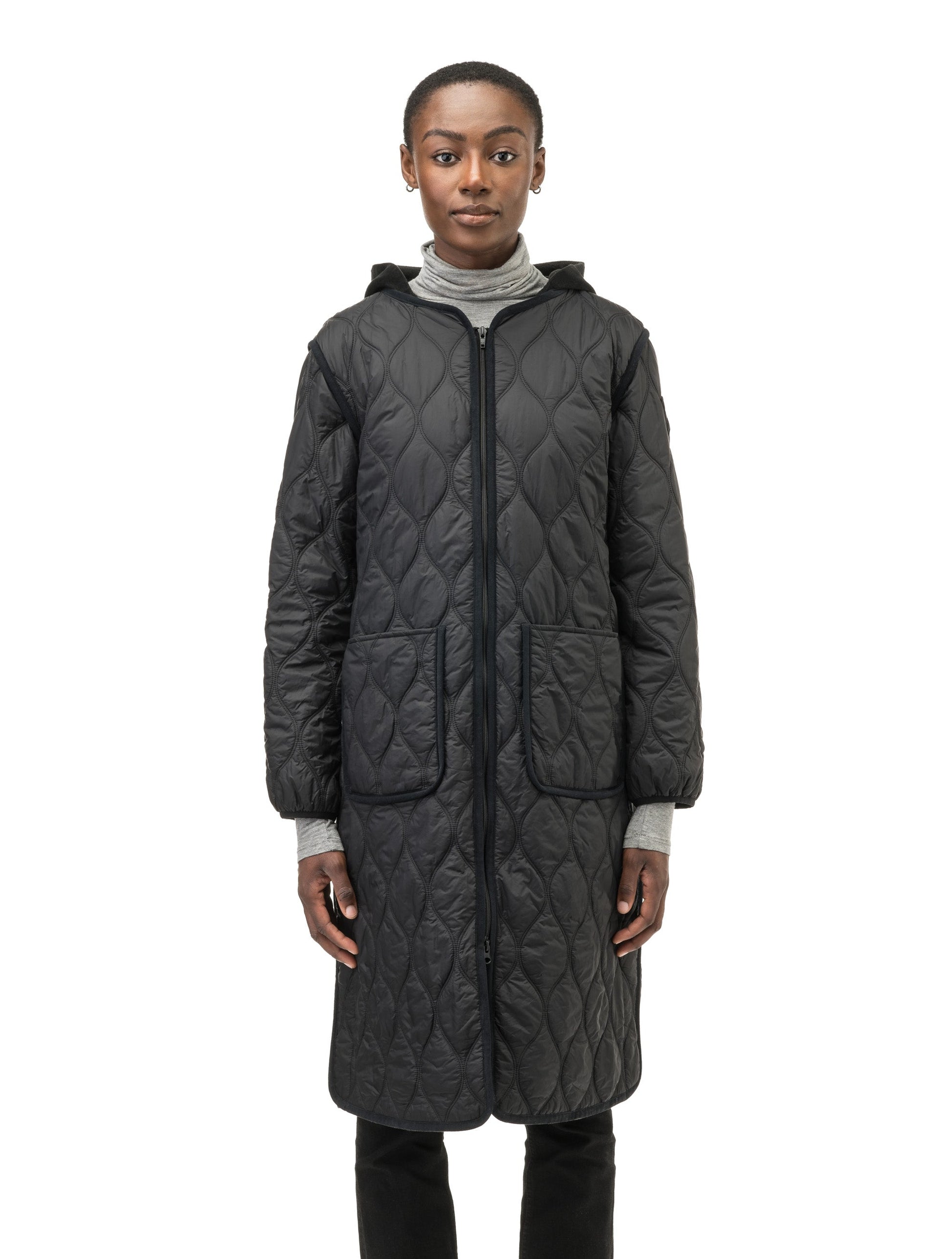 Suri Ladies Long Quilted Jacket in knee length, sustainable and environmentally friendly Primaloft Gold Insulation Active+, with removable fleece hood, two-way front zipper, diamond quilted body, in Black