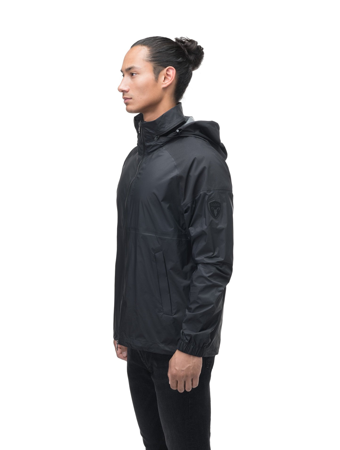 Men's hip length waterproof jacket with tuckable hood and 2-way zipper in Black