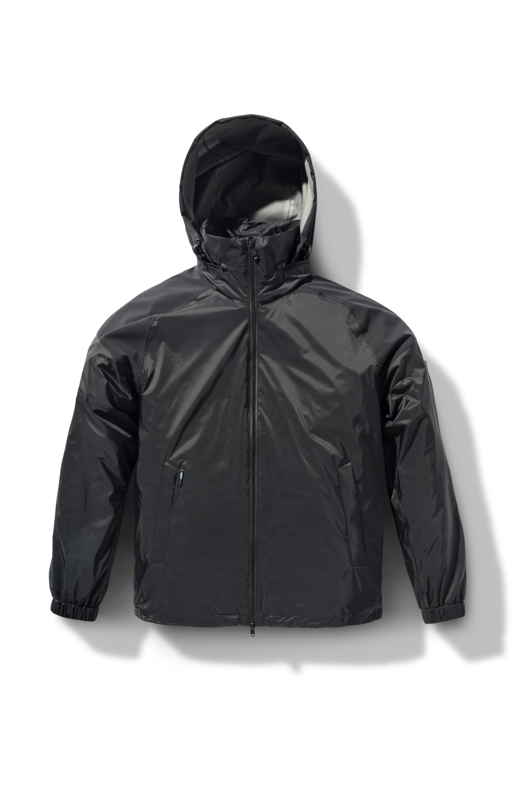 Men's hip length waterproof jacket with tuckable hood and 2-way zipper in Black