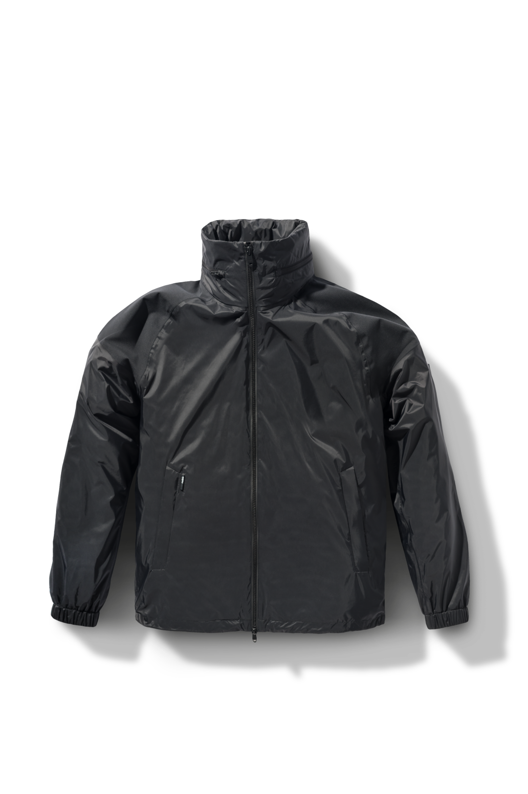 Men's hip length waterproof jacket with tuckable hood and 2-way zipper in Black