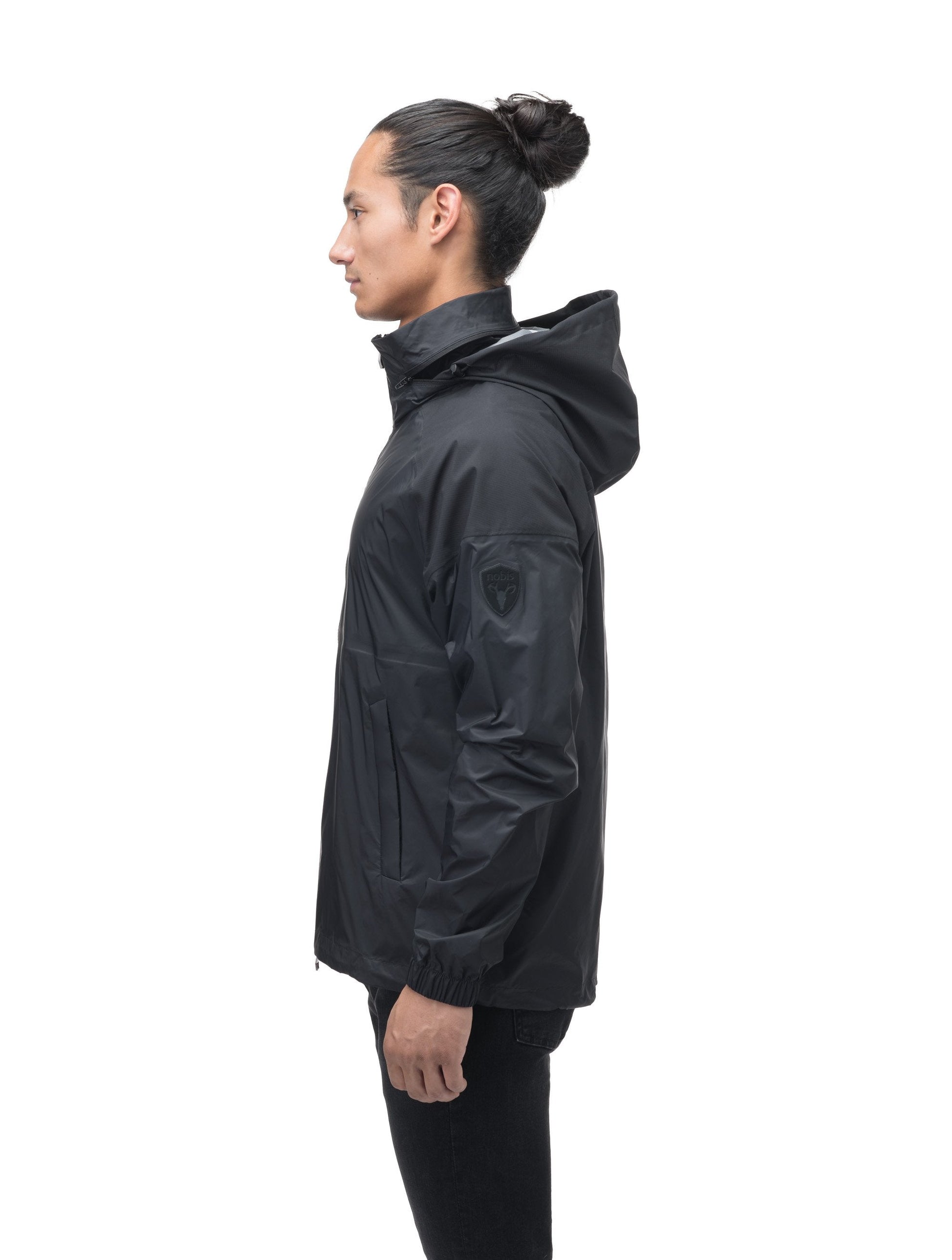 Men's hip length waterproof jacket with tuckable hood and 2-way zipper in Black