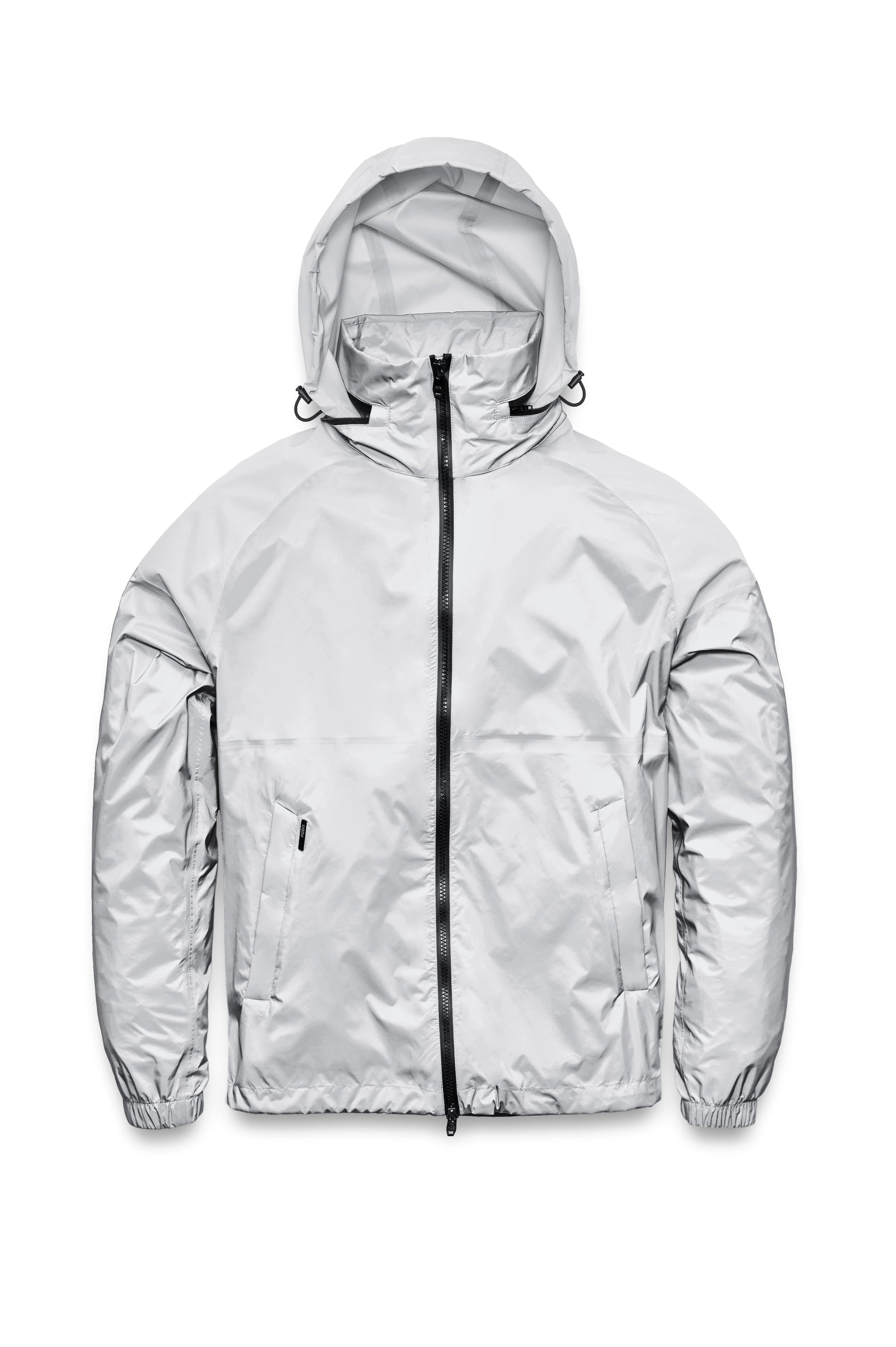 Men's hip length waterproof jacket with tuckable hood and 2-way zipper in Light Grey