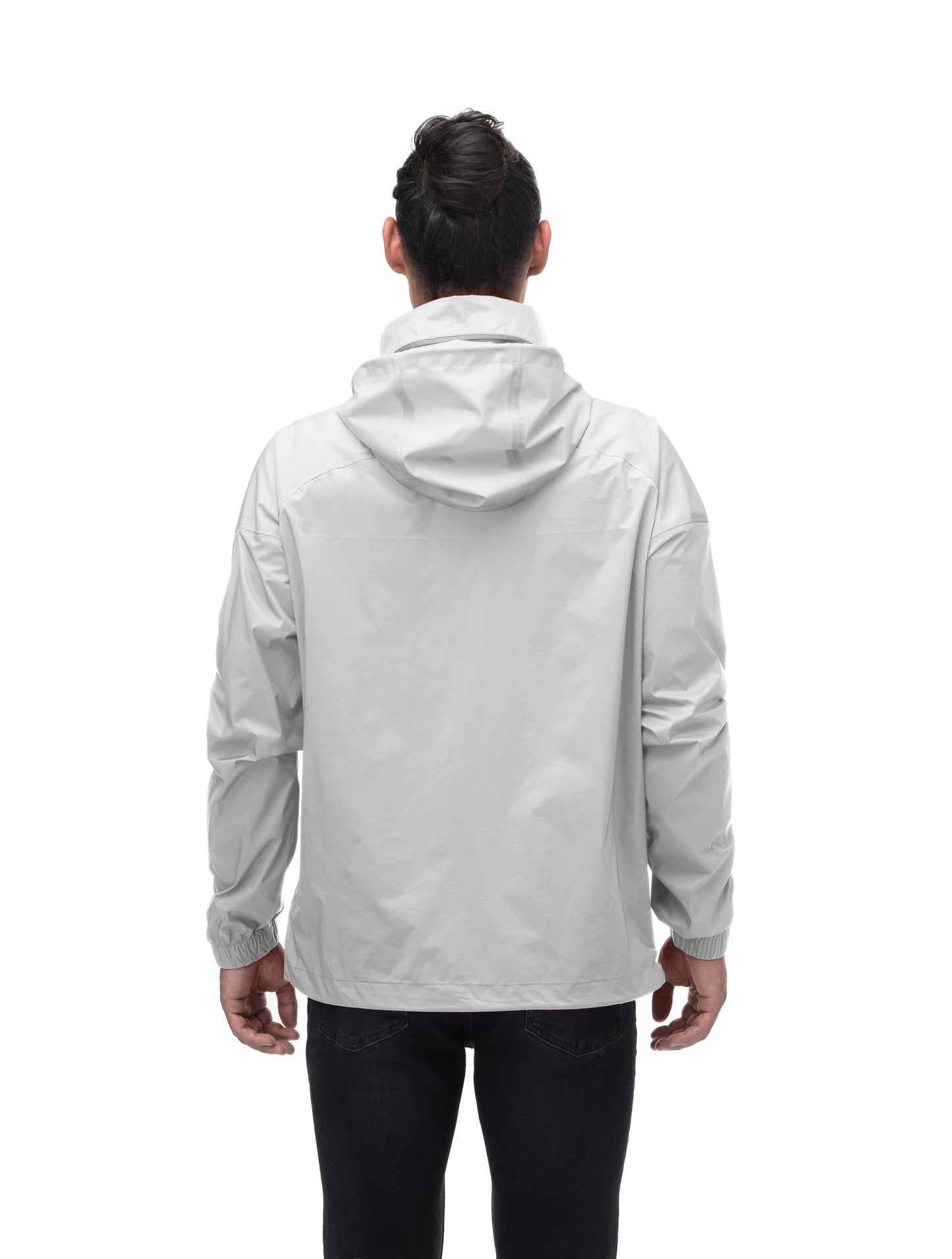 Men's hip length waterproof jacket with tuckable hood and 2-way zipper in Light Grey