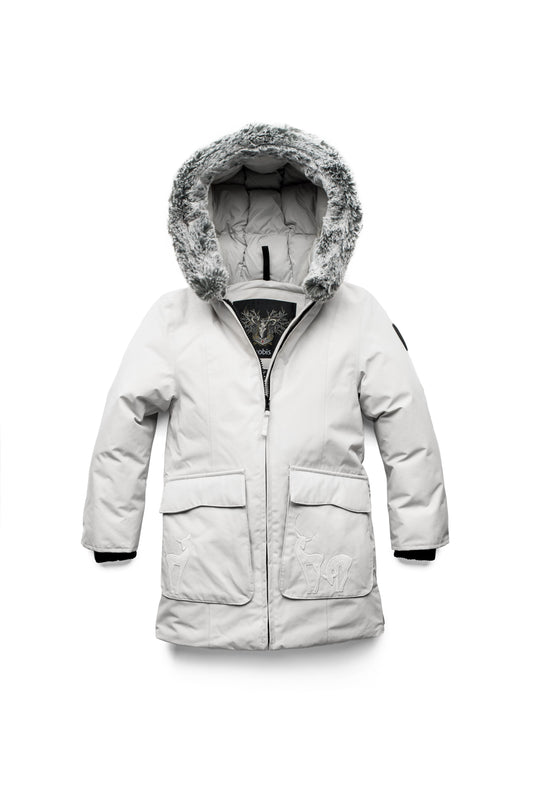 Kid's knee length down filled parka with deer applique detailing on the front patch pockets in Light Grey + Light Grey