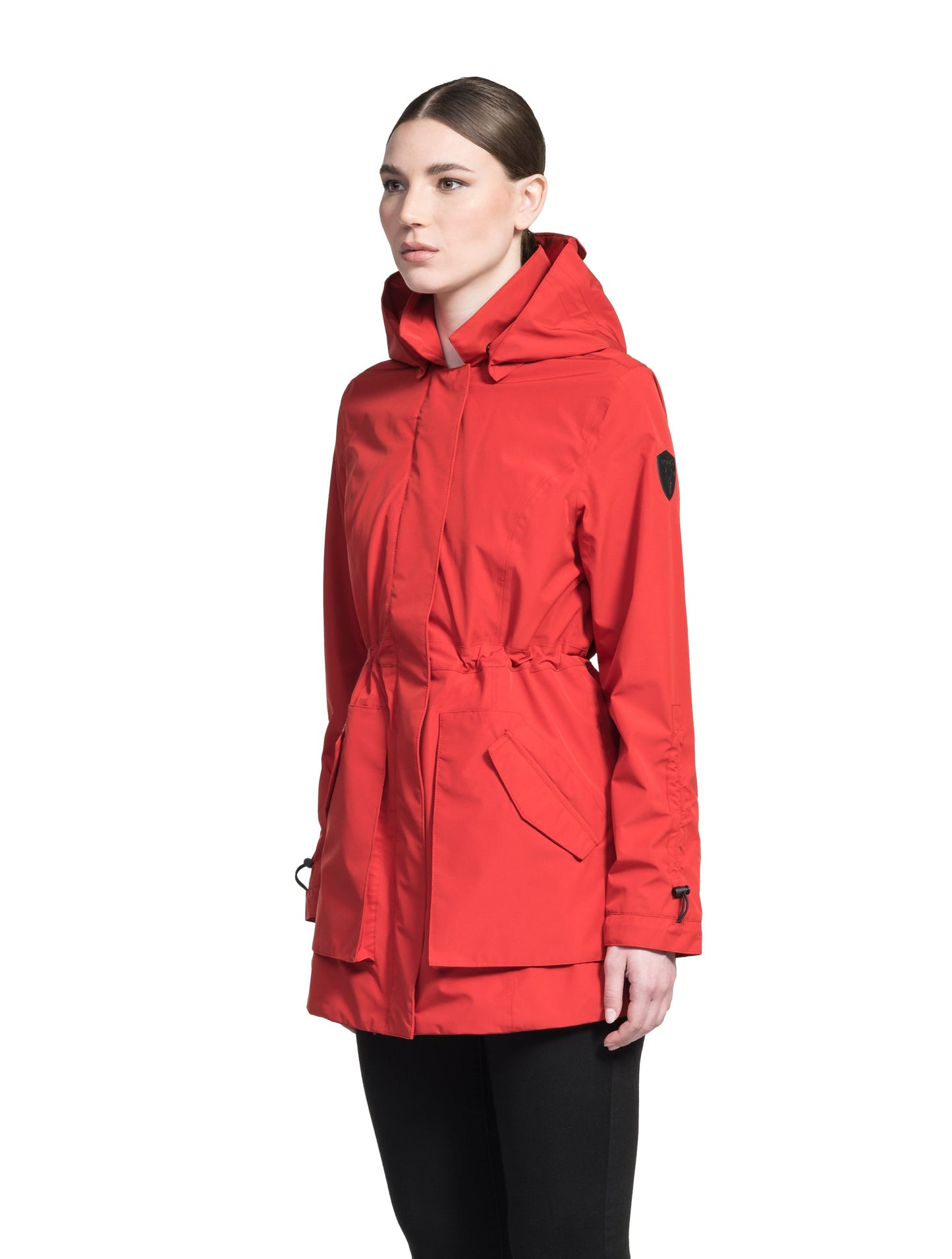 Women's thigh length raincoat with collar and non-removable hood in Vermillion