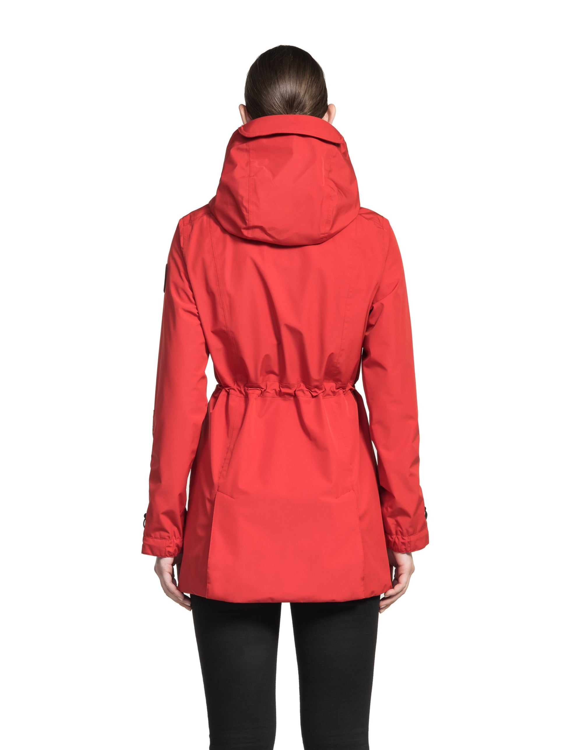 Women's thigh length raincoat with collar and non-removable hood in Vermillion