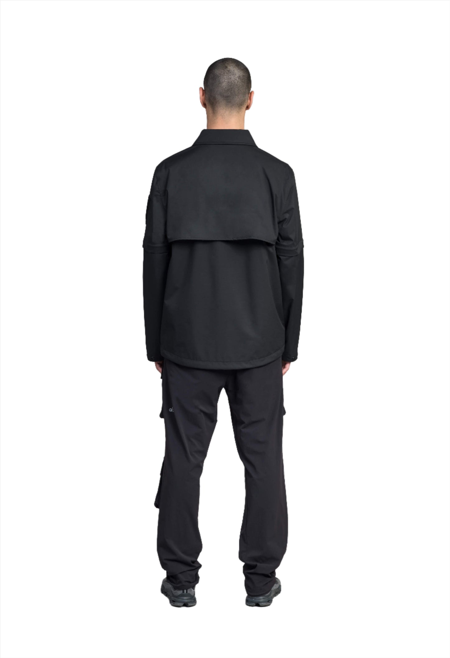 Thurlow Men's Performance Zip Off Sleeve Rain Shirt in hip length, convertible collar, patch chest zipper pockets, hidden in-seam pockets, zip off sleeves, centre front two-way zipper closure, in Black