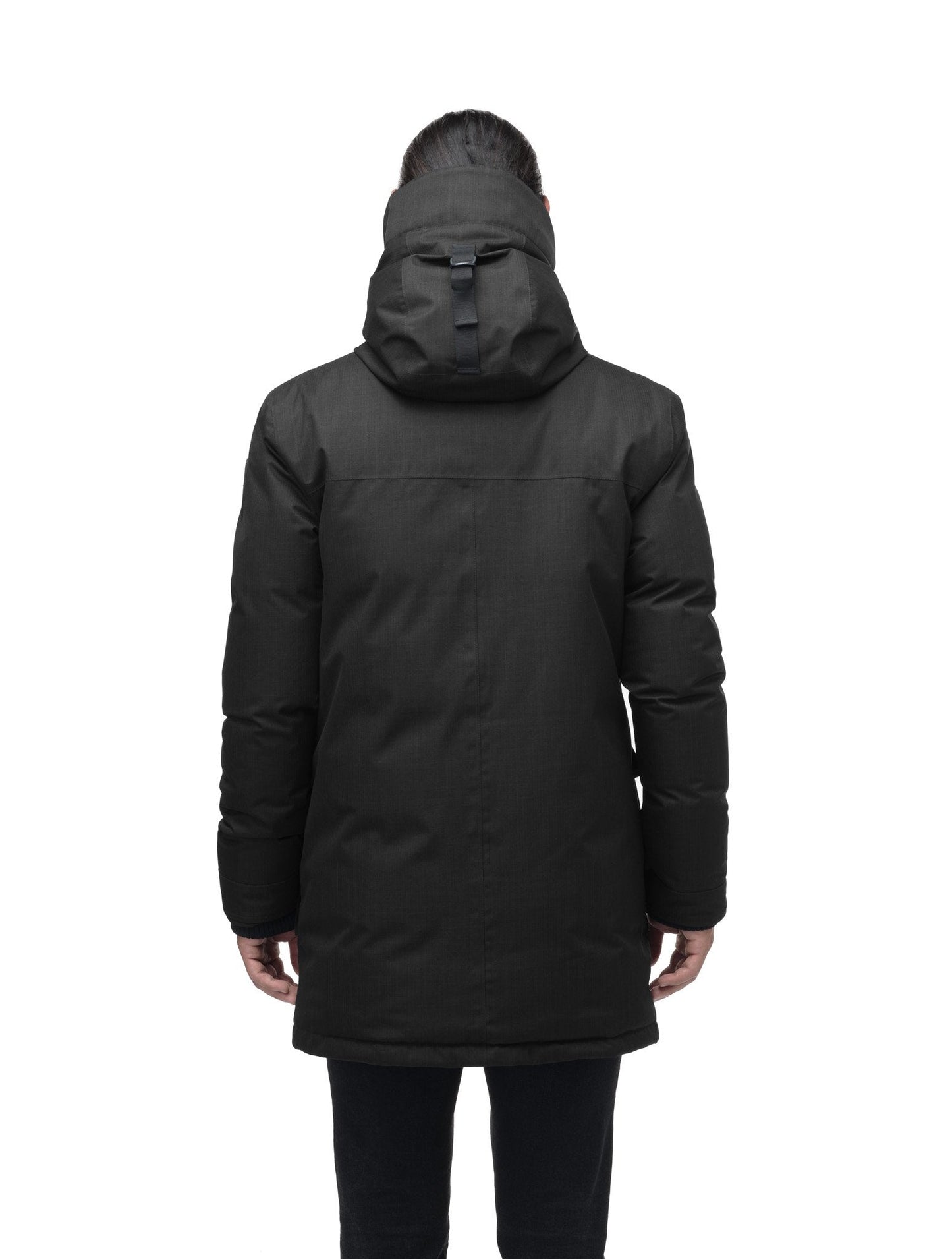 Men's thigh length down-filled parka with non-removable hood in Black